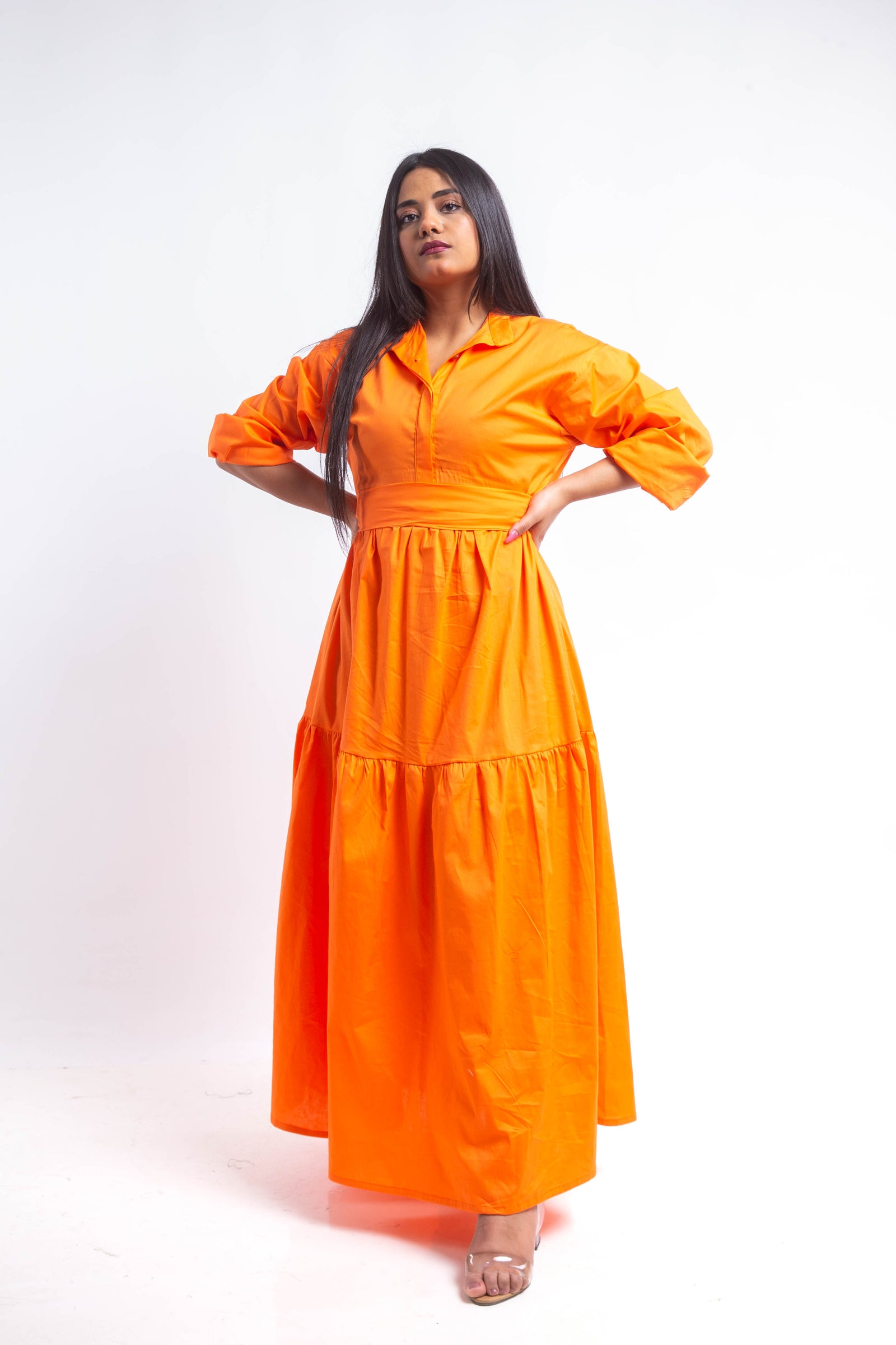 Tiered Poplin Maxi Dress - Orange