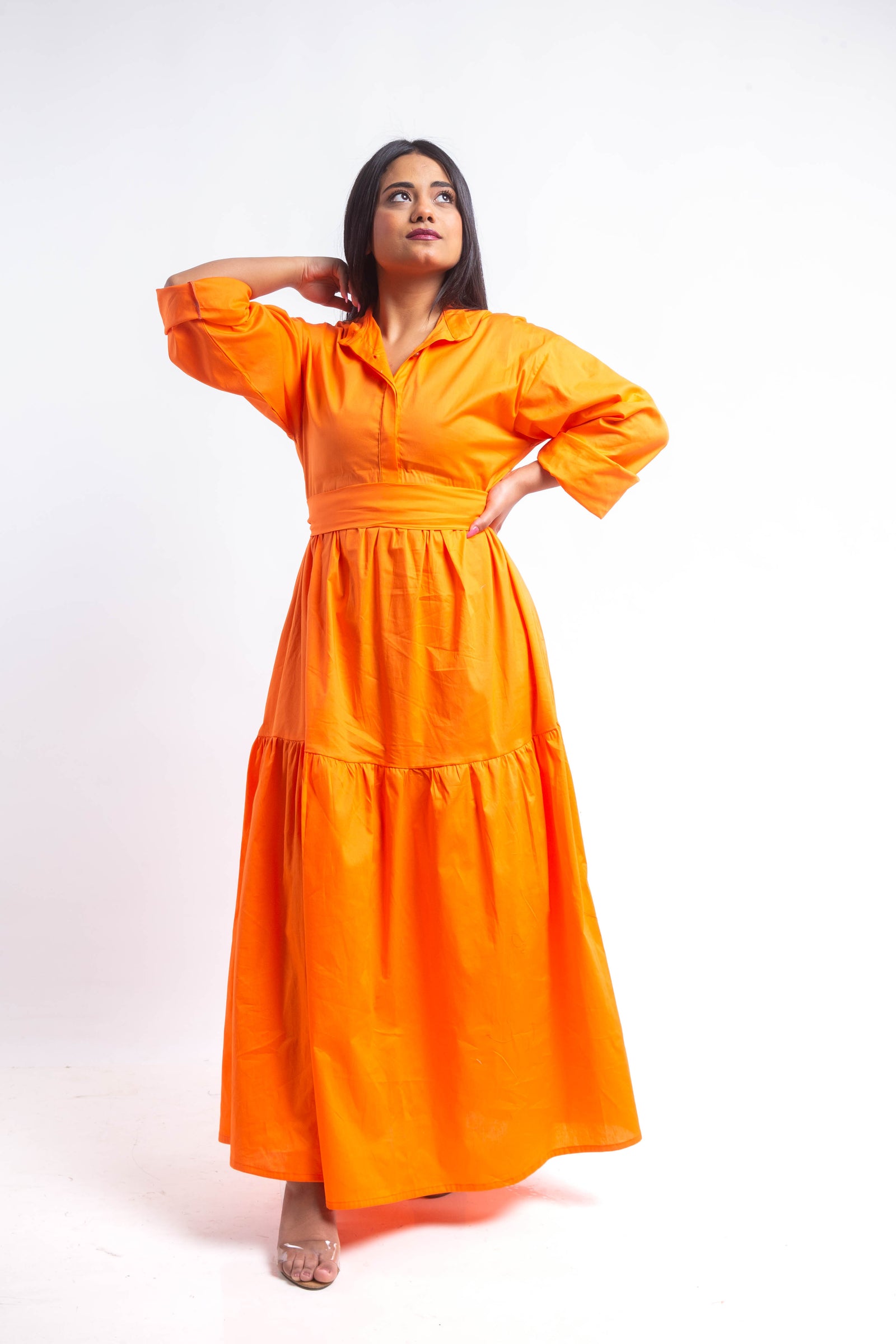 Tiered Poplin Maxi Dress - Orange