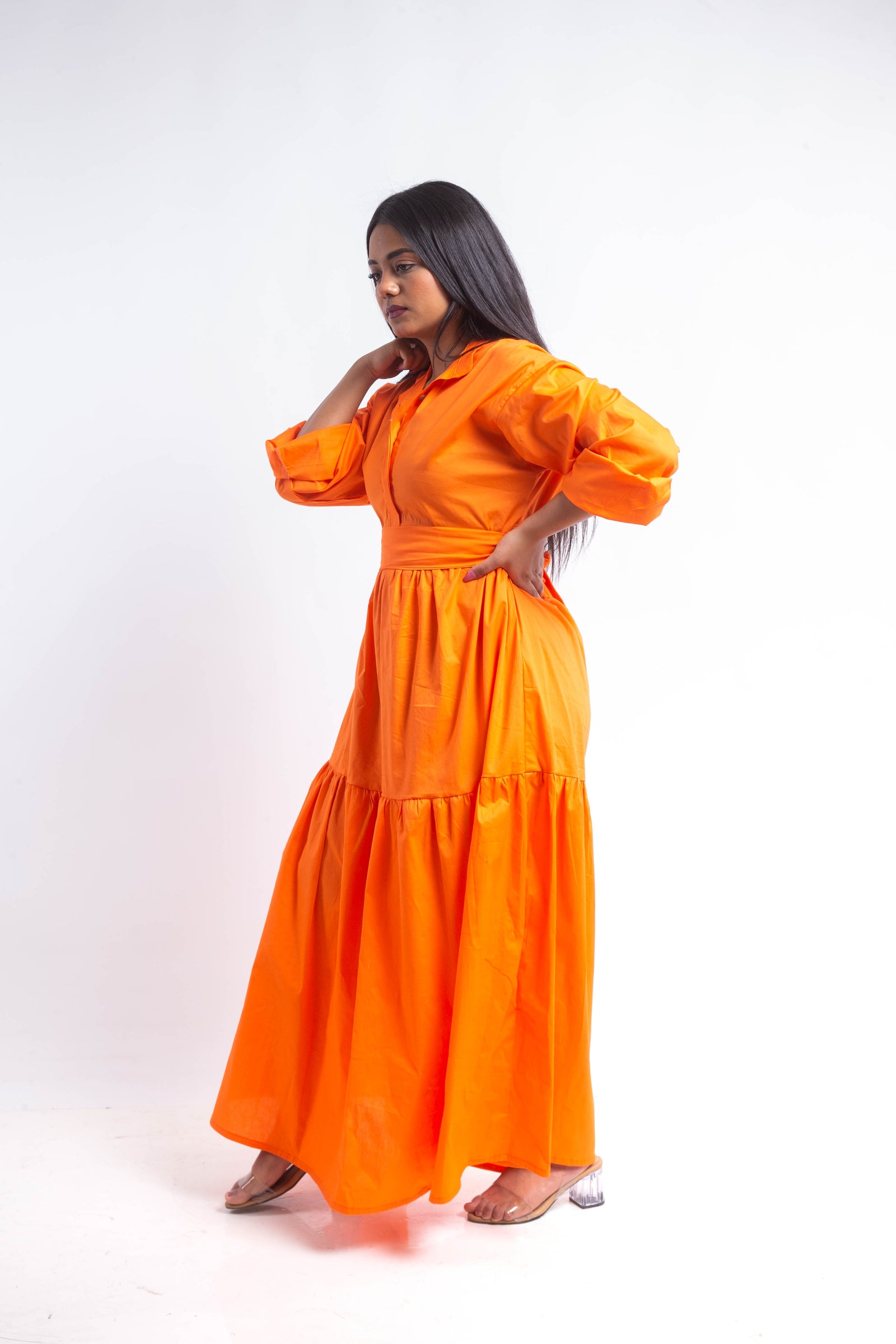 Tiered Poplin Maxi Dress - Orange