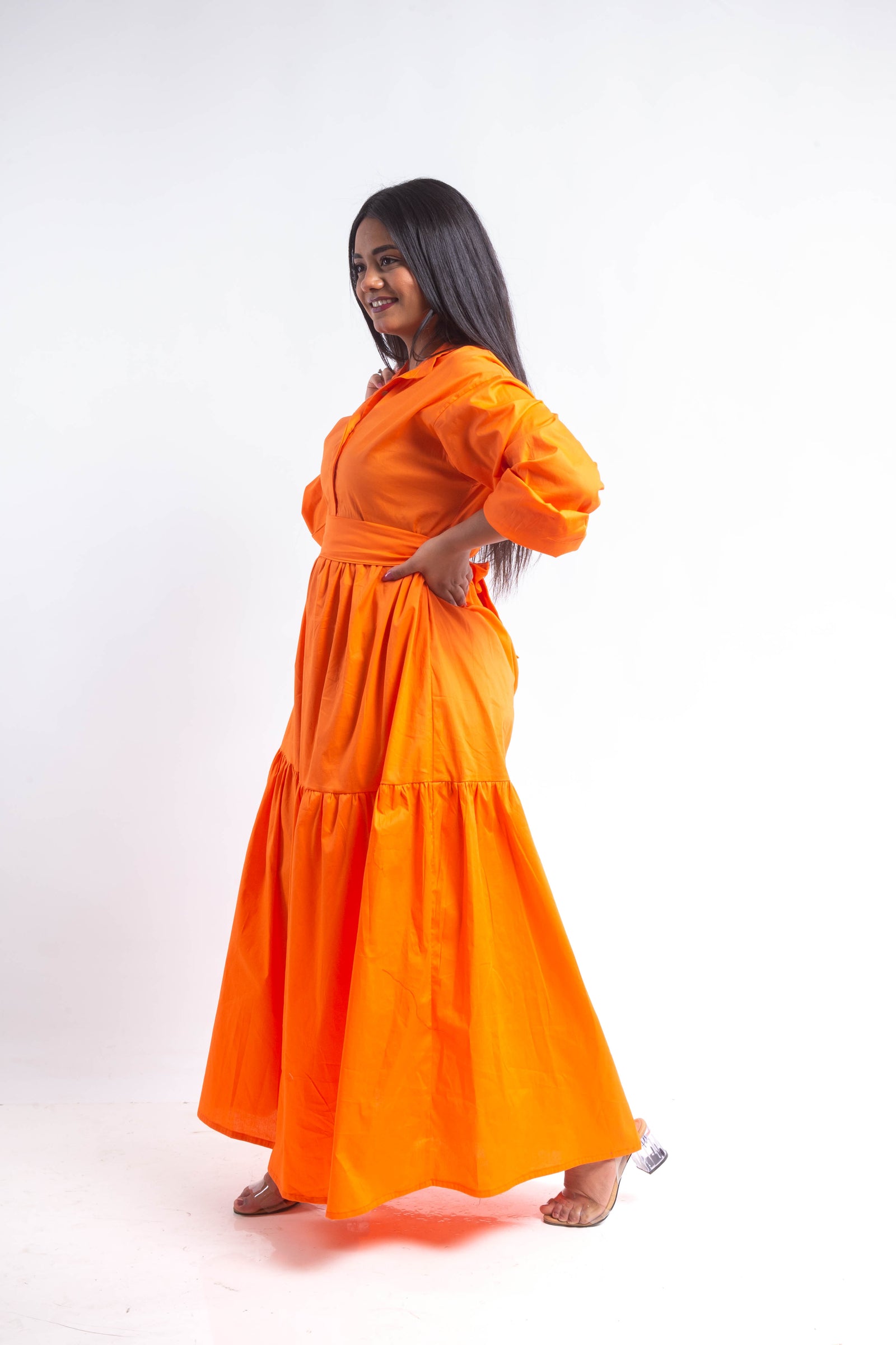 Tiered Poplin Maxi Dress - Orange