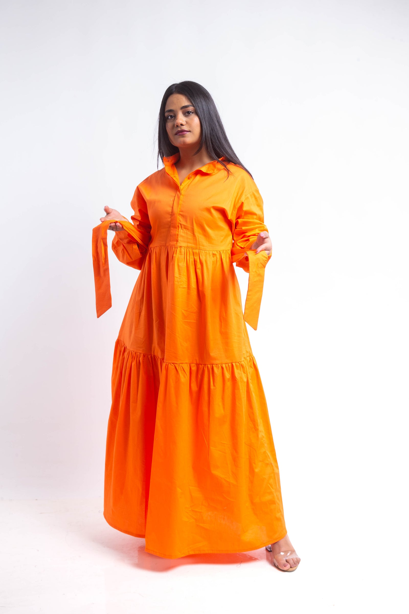 Tiered Poplin Maxi Dress - Orange