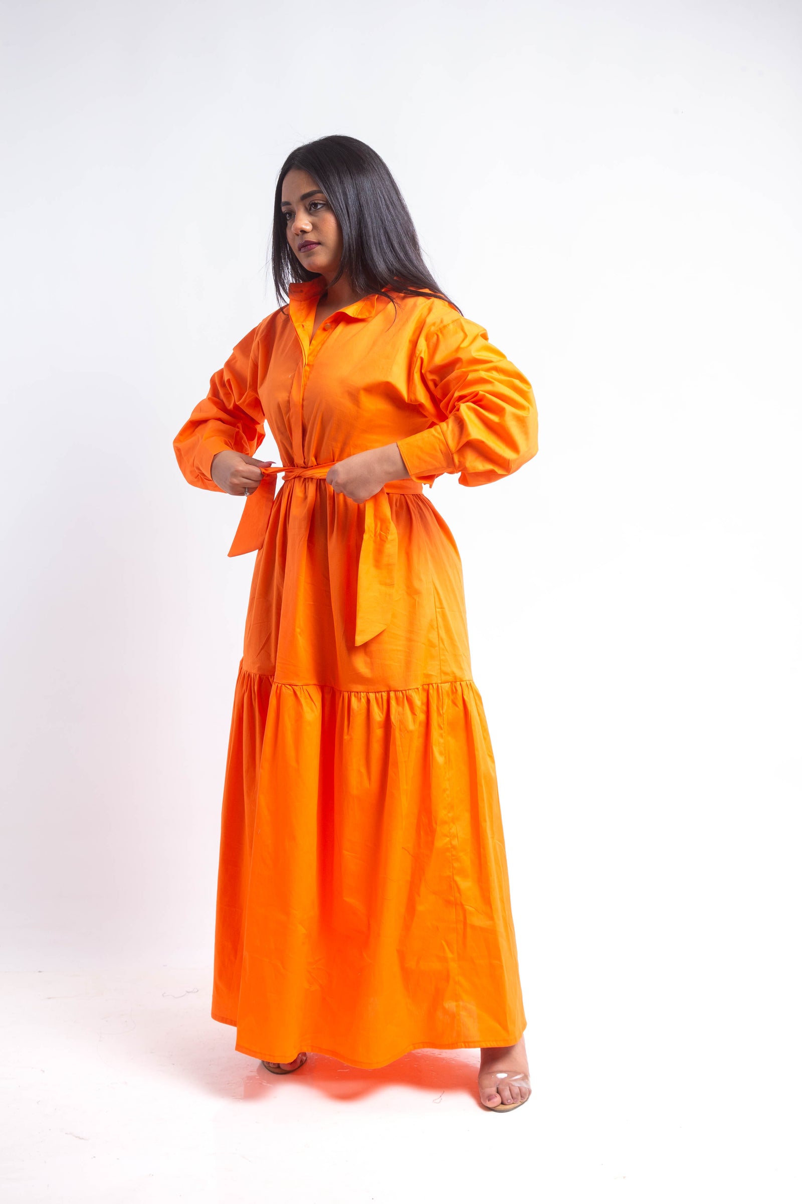 Tiered Poplin Maxi Dress - Orange