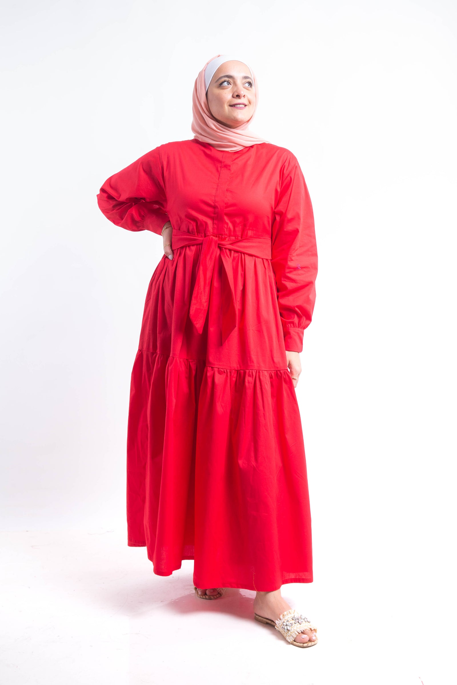 Tiered Poplin Maxi Dress - Red