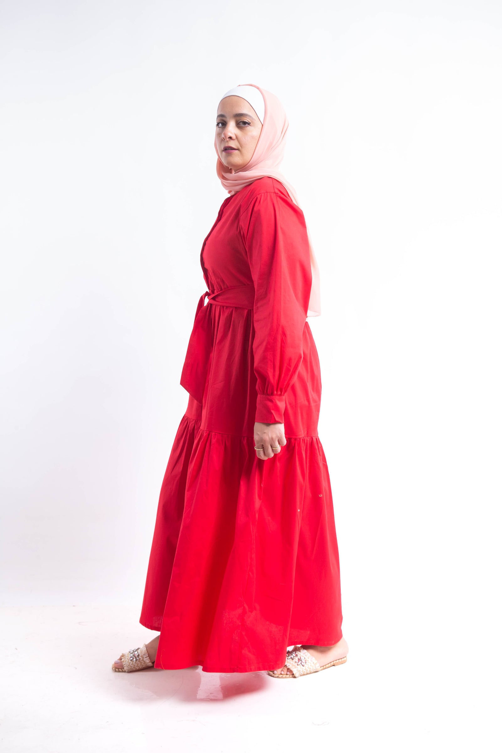 Tiered Poplin Maxi Dress - Red