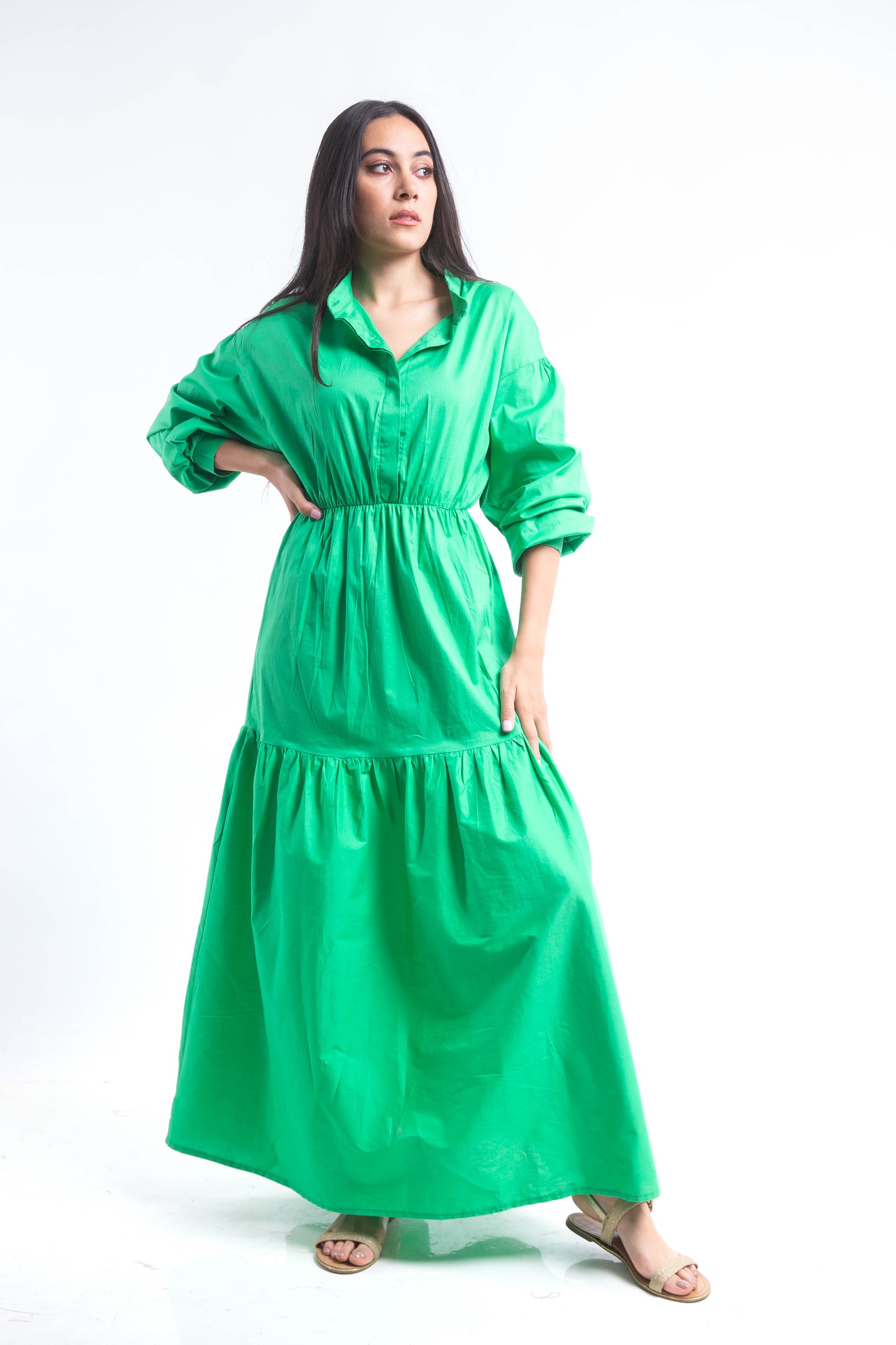 Tiered Poplin Maxi Dress - Green