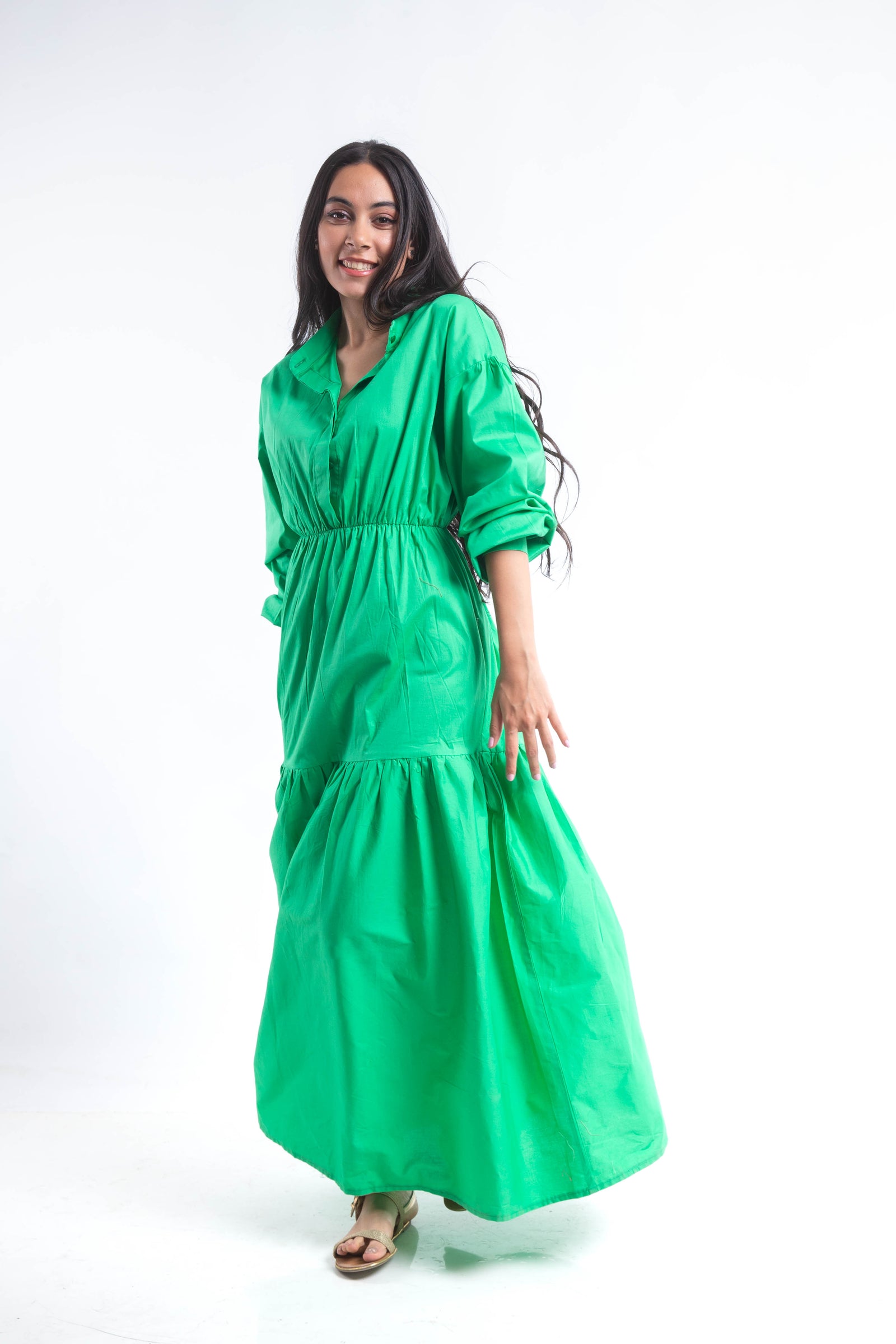 Tiered Poplin Maxi Dress - Green