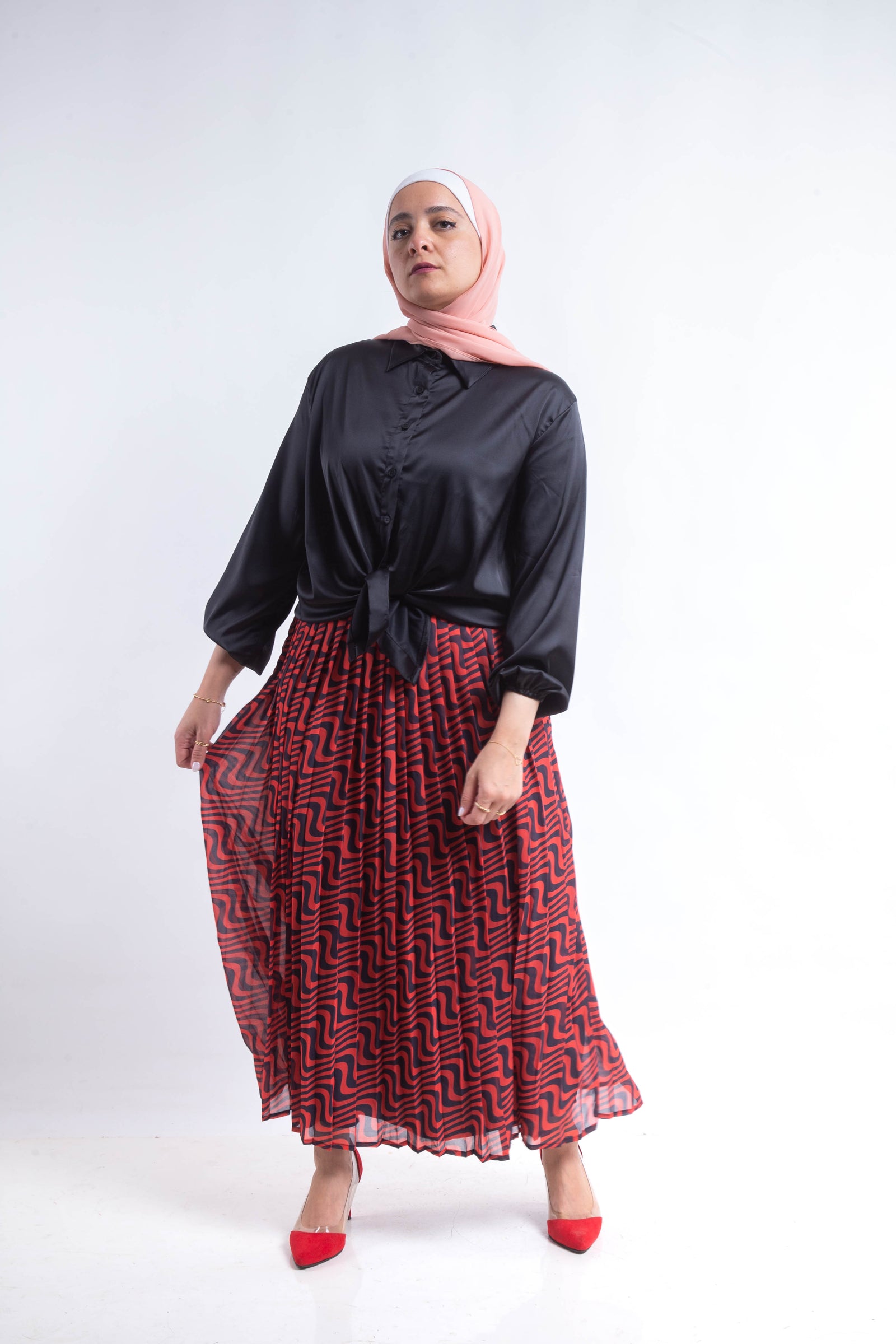 The swirl chiffon pleated Skirt - Red