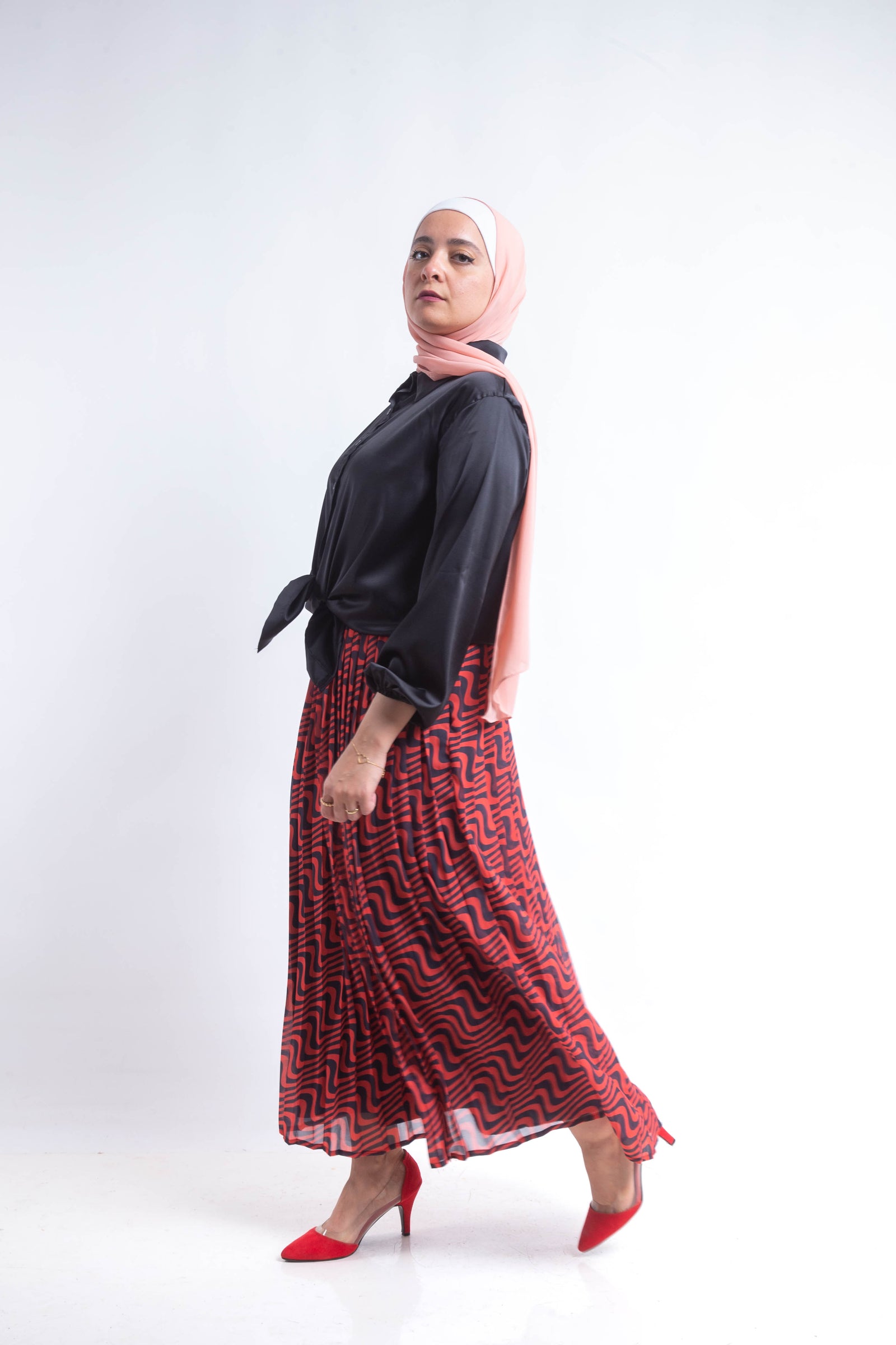 The swirl chiffon pleated Skirt - Red