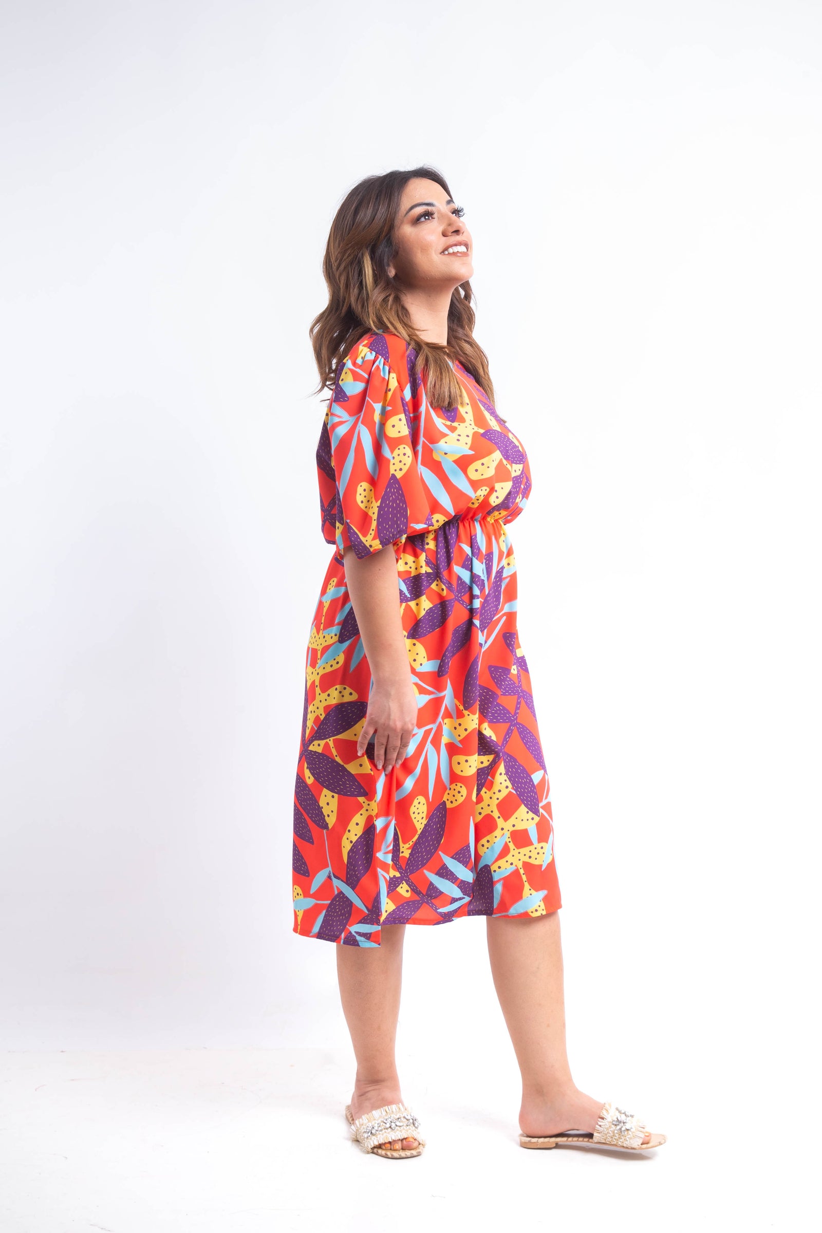The leaves Dress with Elastic belt- Orange