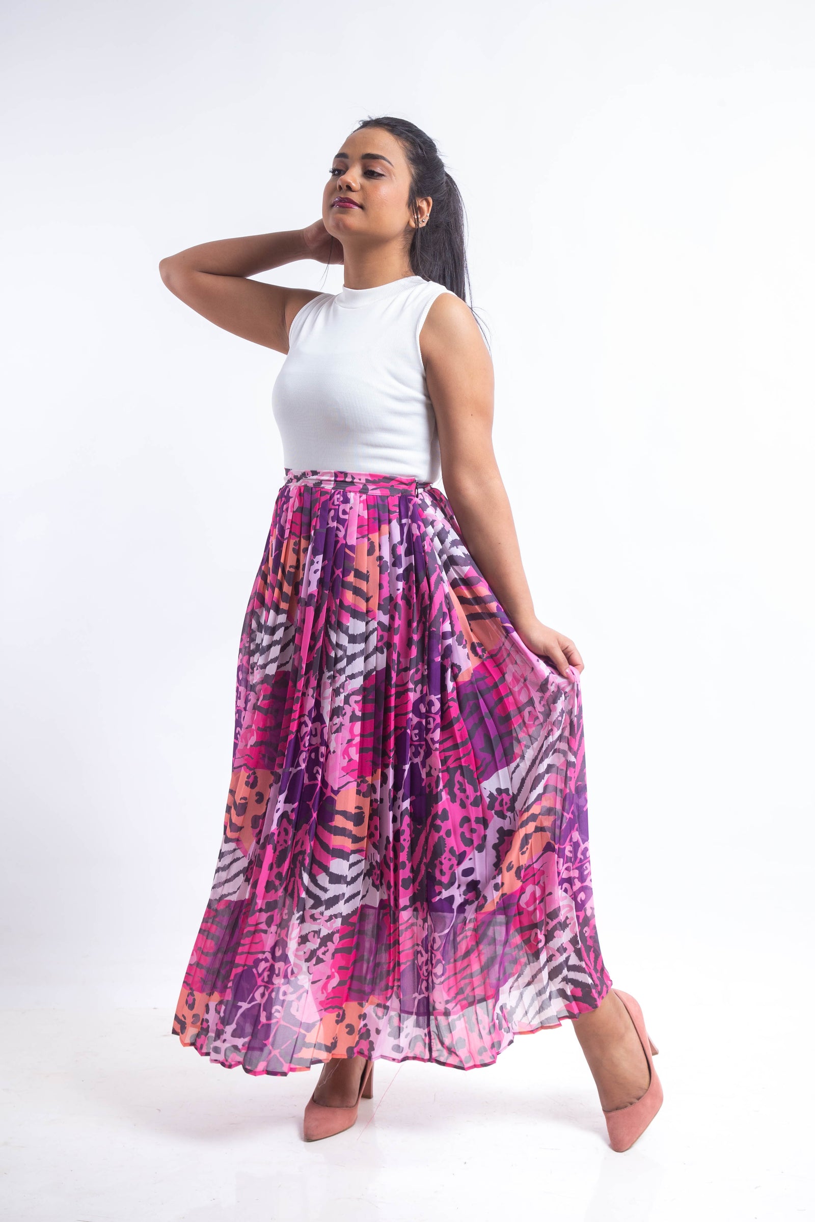 Animal print chiffon pleated Skirt - Pink