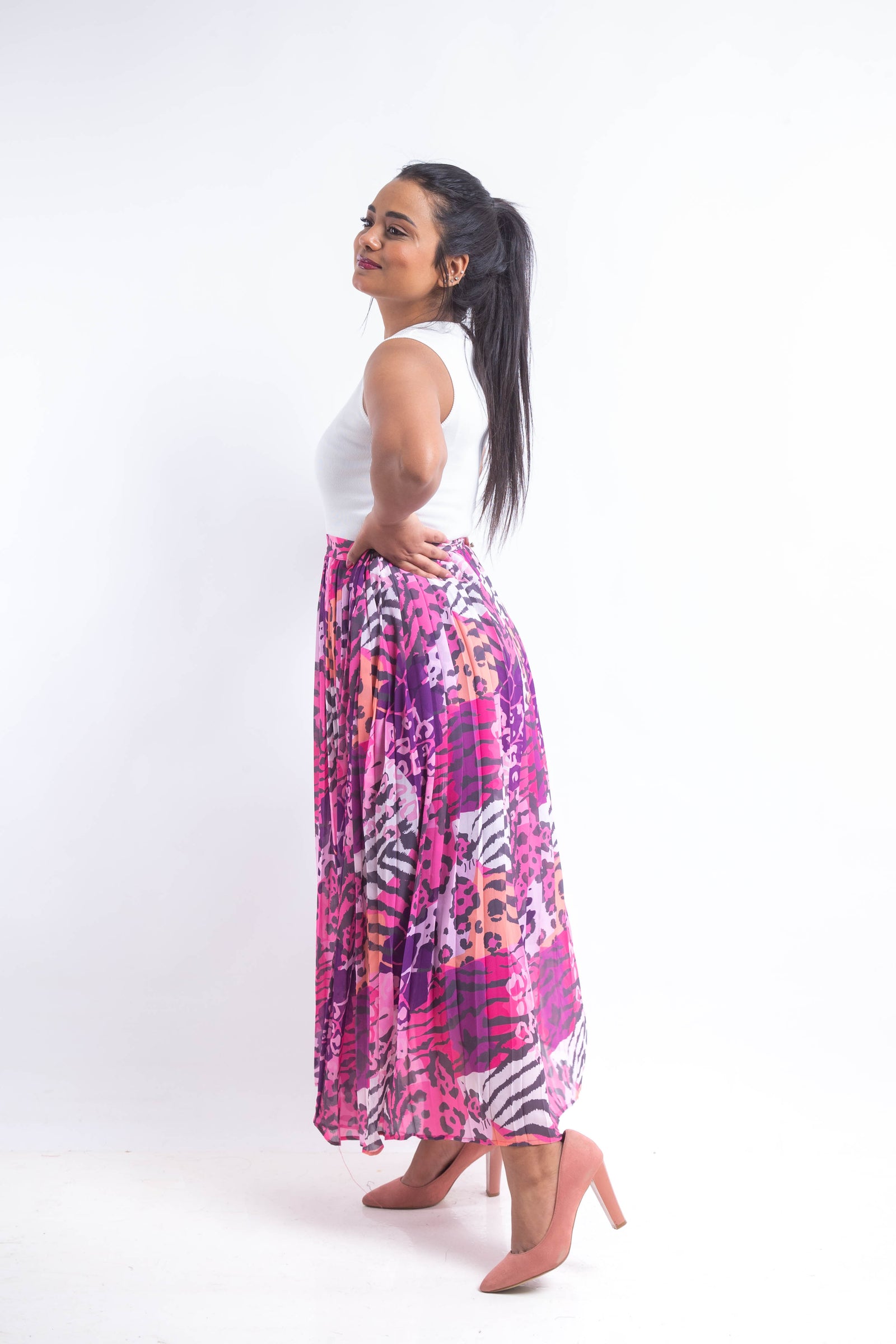 Animal print chiffon pleated Skirt - Pink