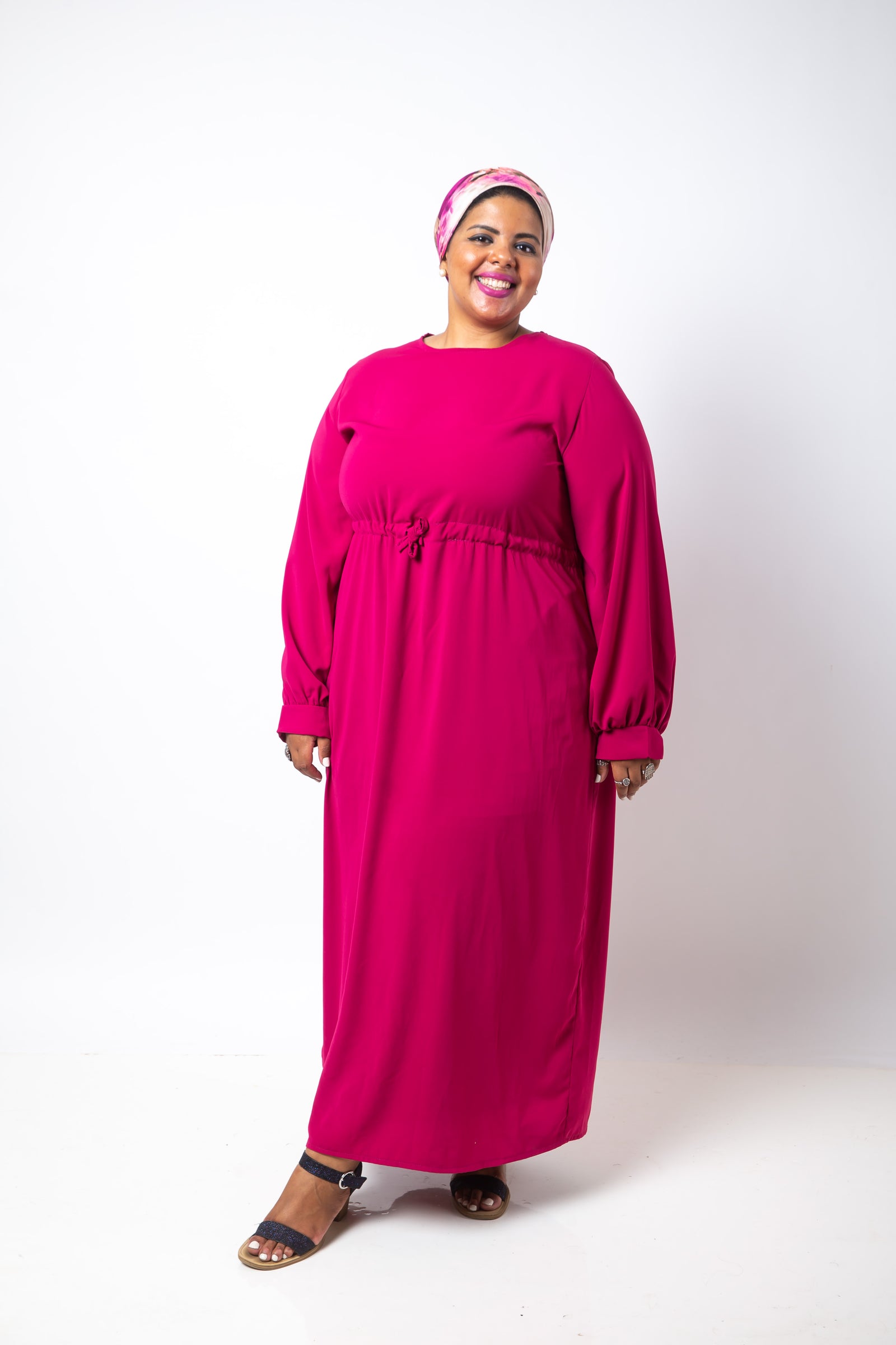 The Nermeen Dress with Elastic belt- Fuchsia