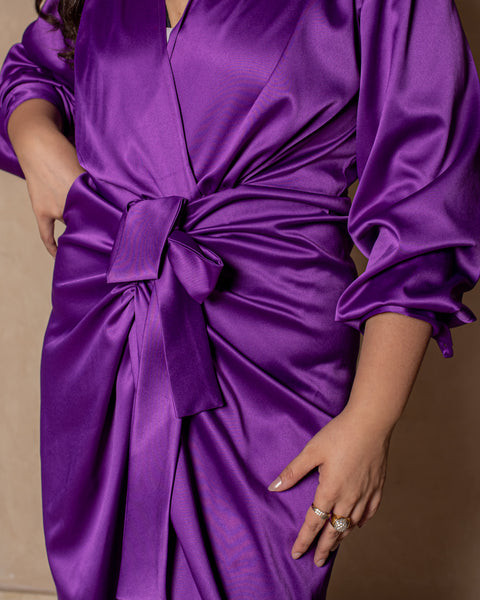 The Royal Satin Wrap Dress Purple Rafeya Fashion