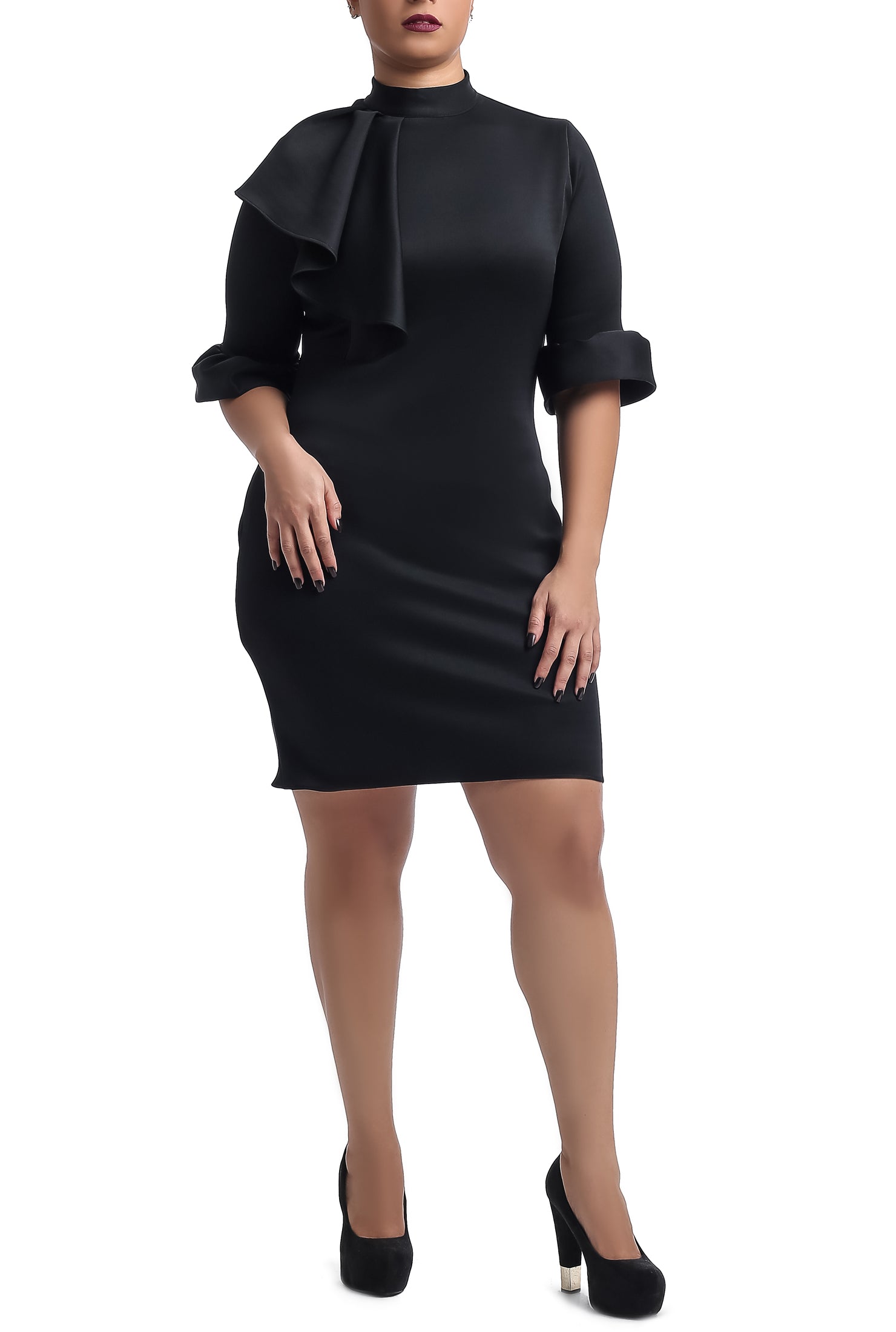 Ruffles Neck Cocktail Dress - Black