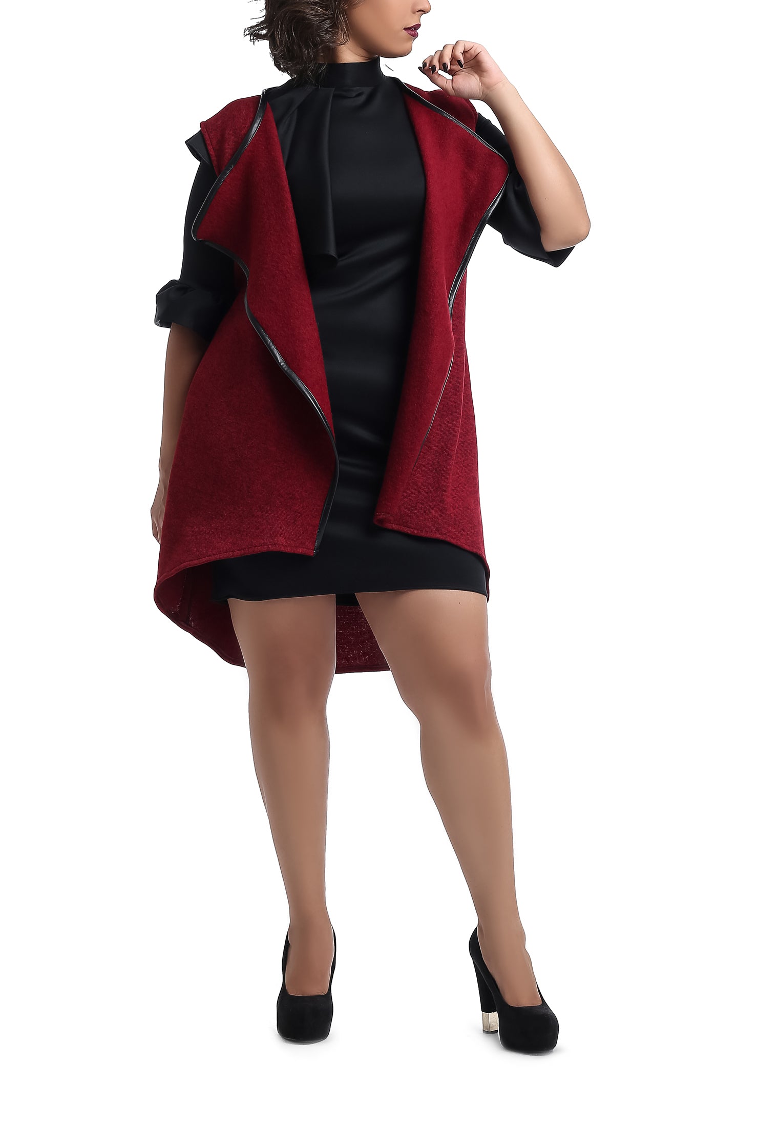 Sleeveless Wool Draped Vest - Maroon