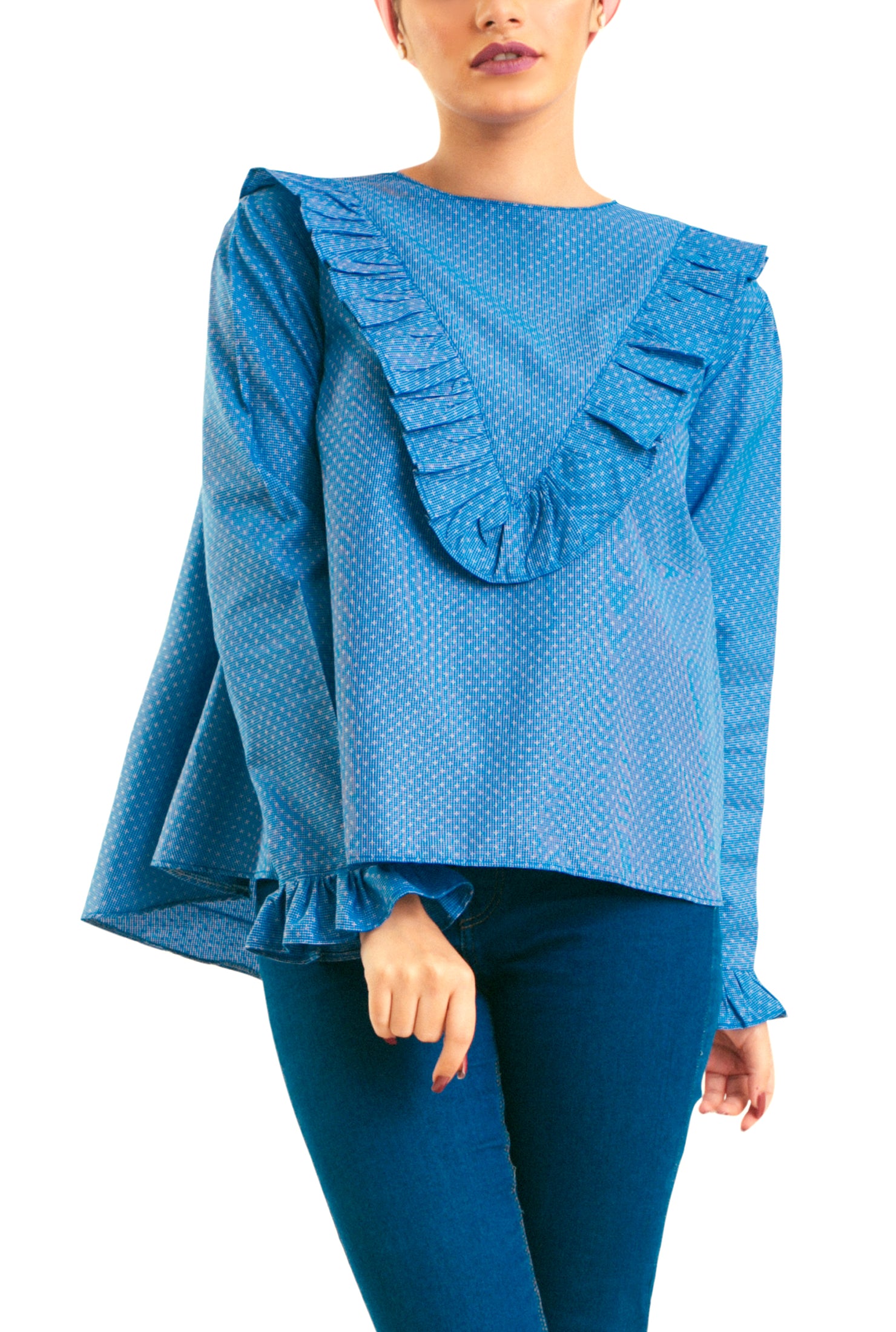 Front V Ruffles -Long Sleevess- Blue