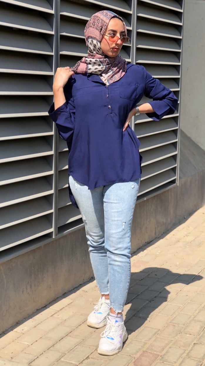 Half Collar Blouse - Navy Blue