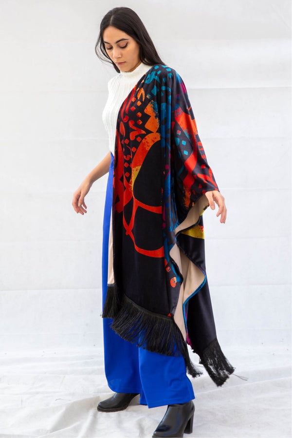 Artwork Velvet Shawl with fringes - Black