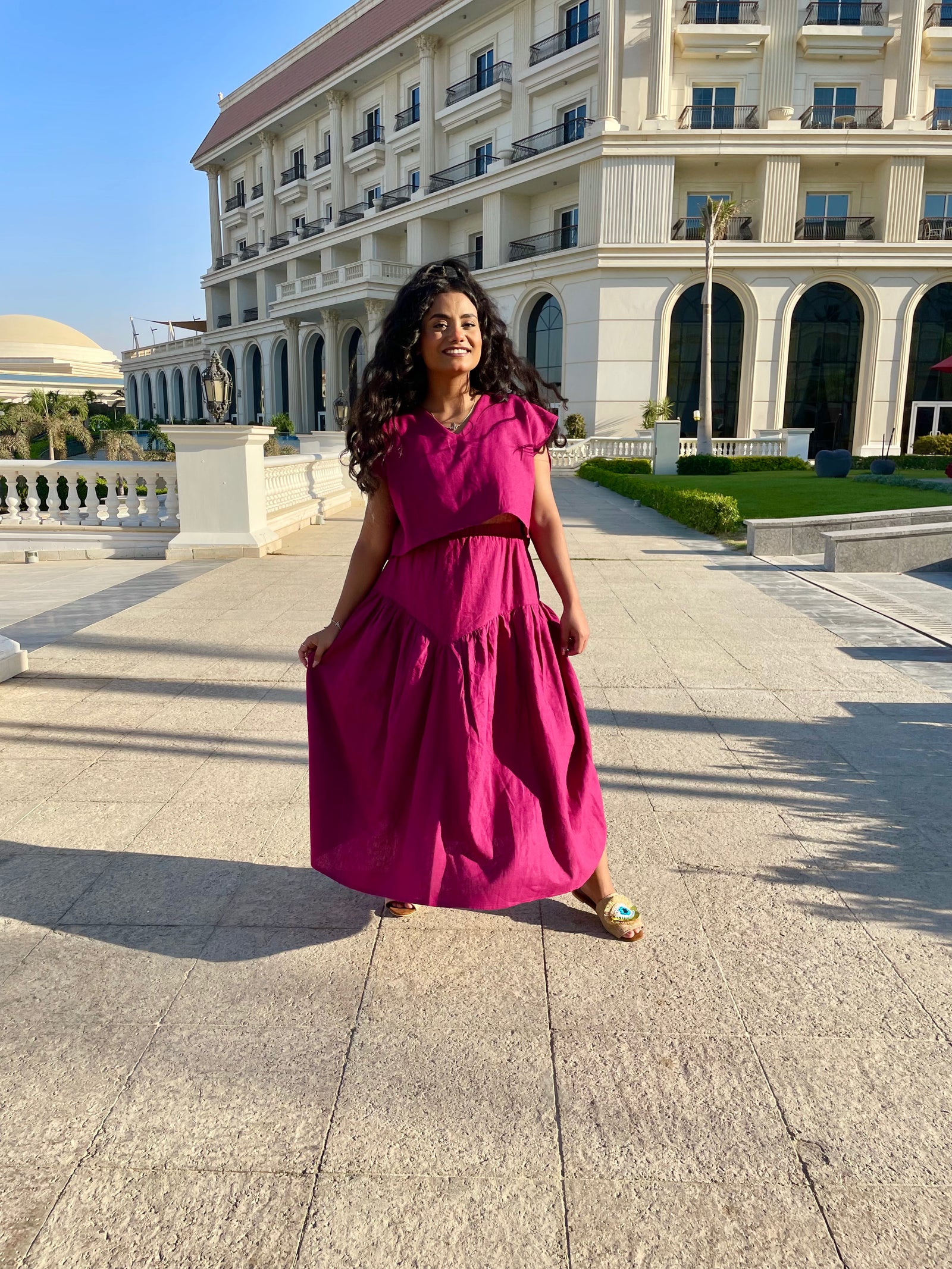 2 piece linen long Dress - Magenta