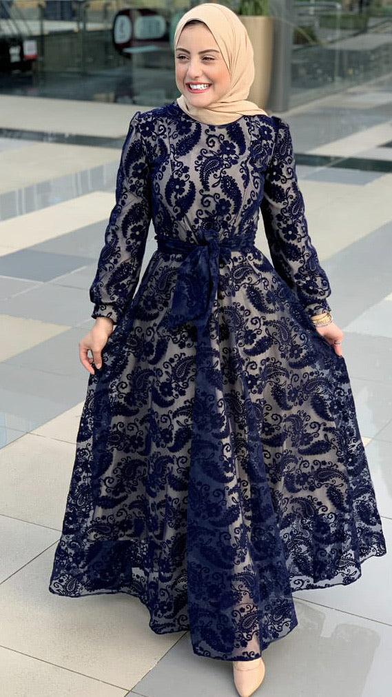 Embroidered Tulle Dress -Navy Blue
