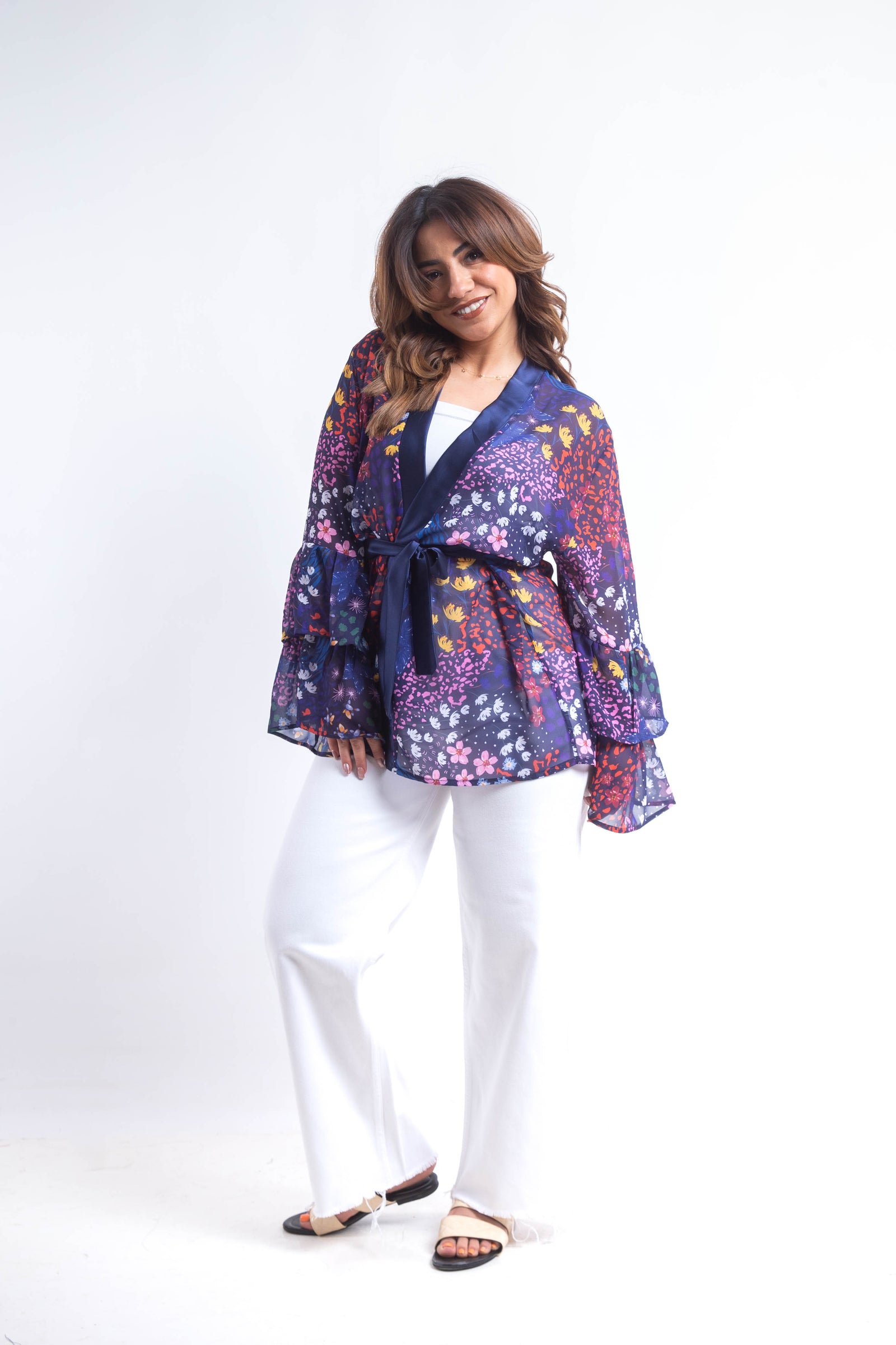 Floral Ruffled chiffon Kimono - Navy Blue