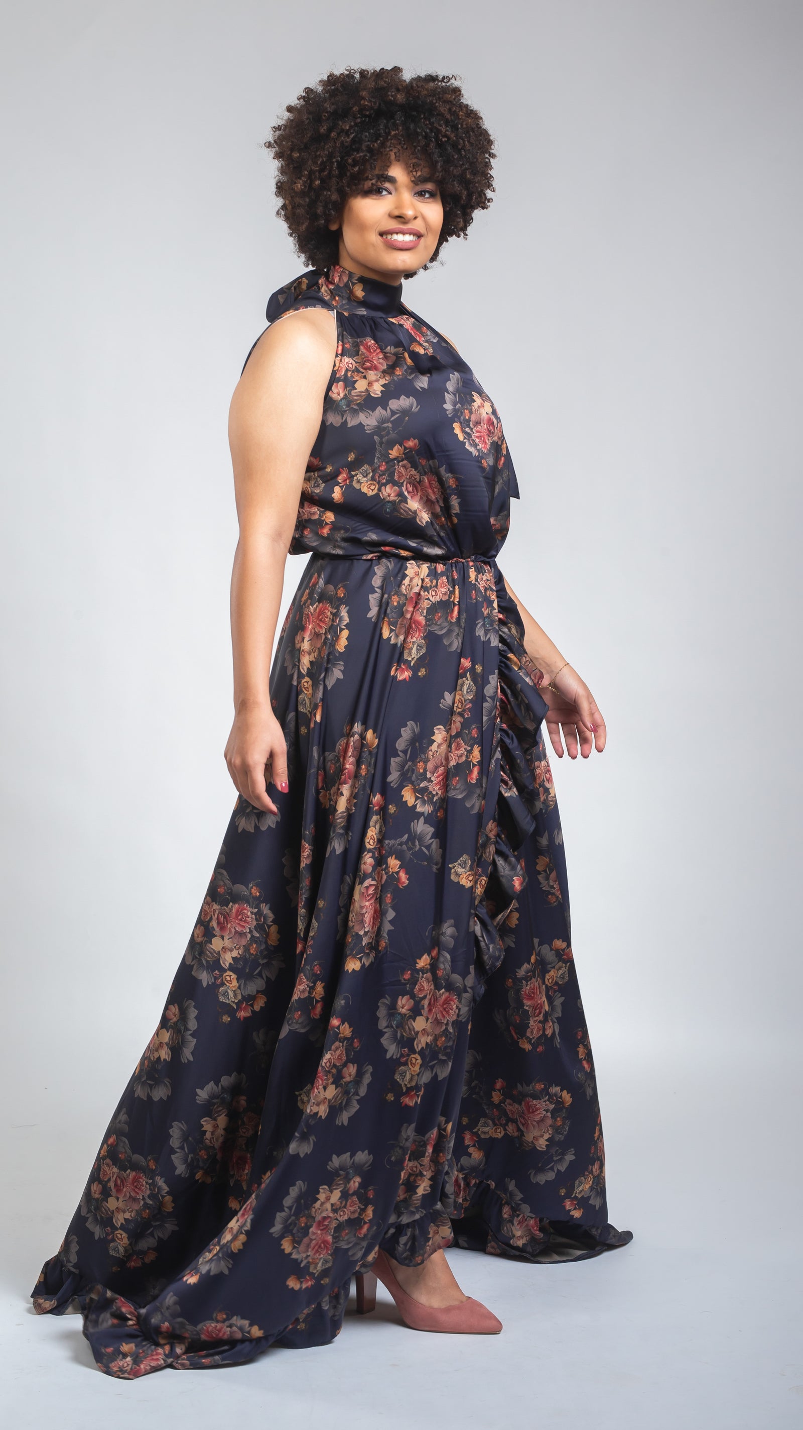 Latina Split Silk Dress - Navy Blue
