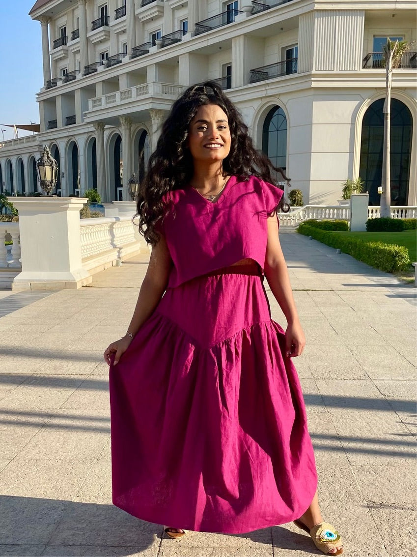 2 piece linen long Dress - Magenta