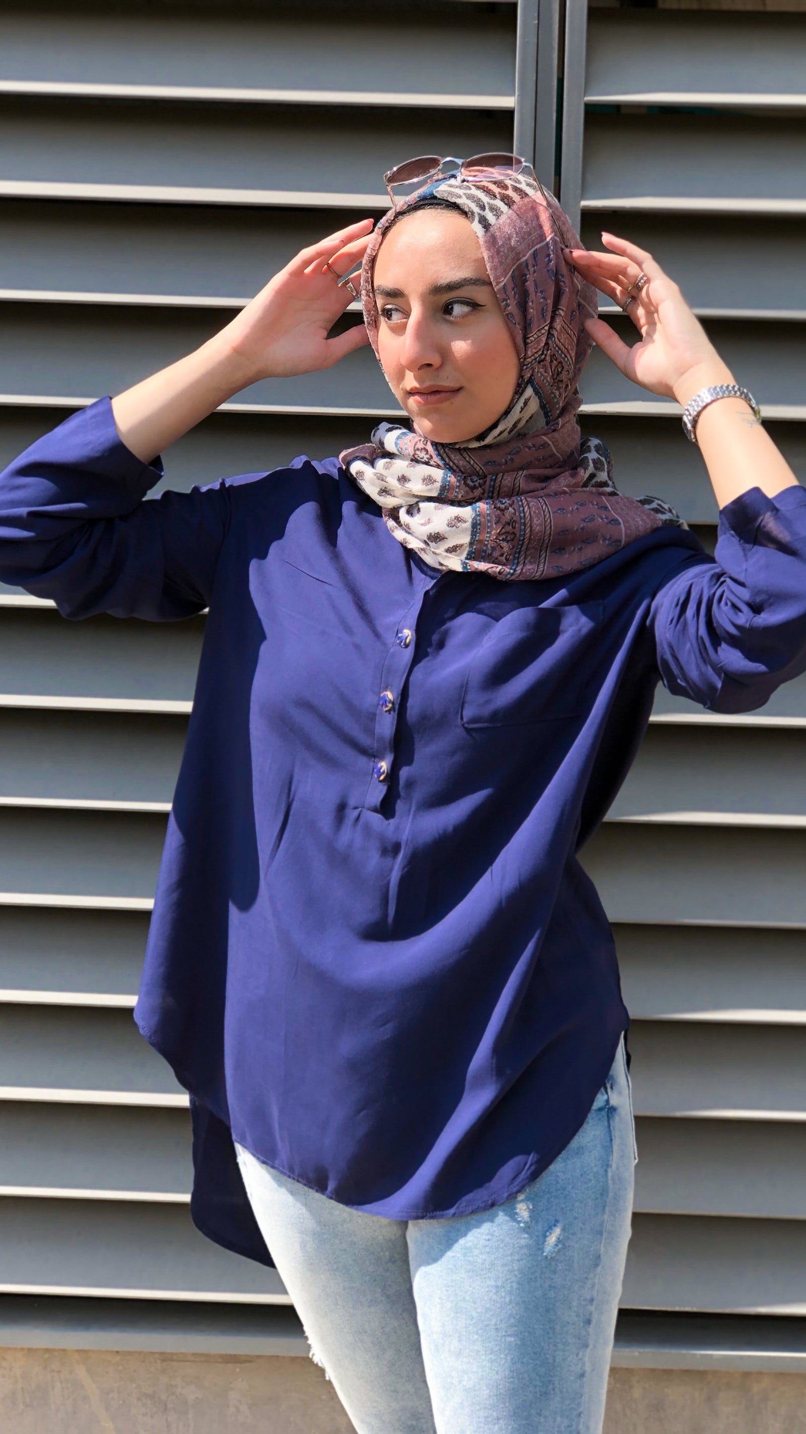 Half Collar Blouse - Navy Blue