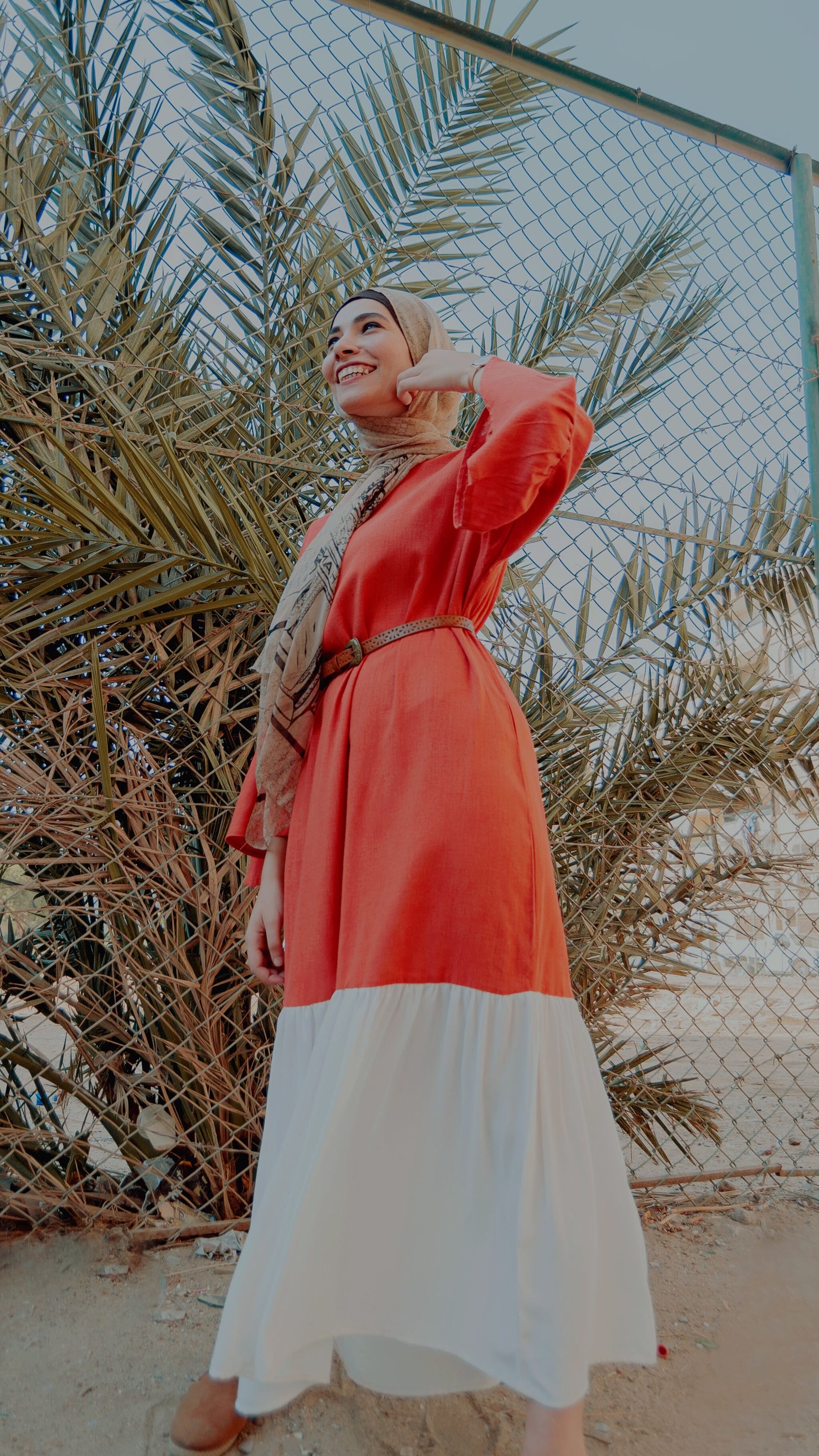 Orange And White Linen Dress