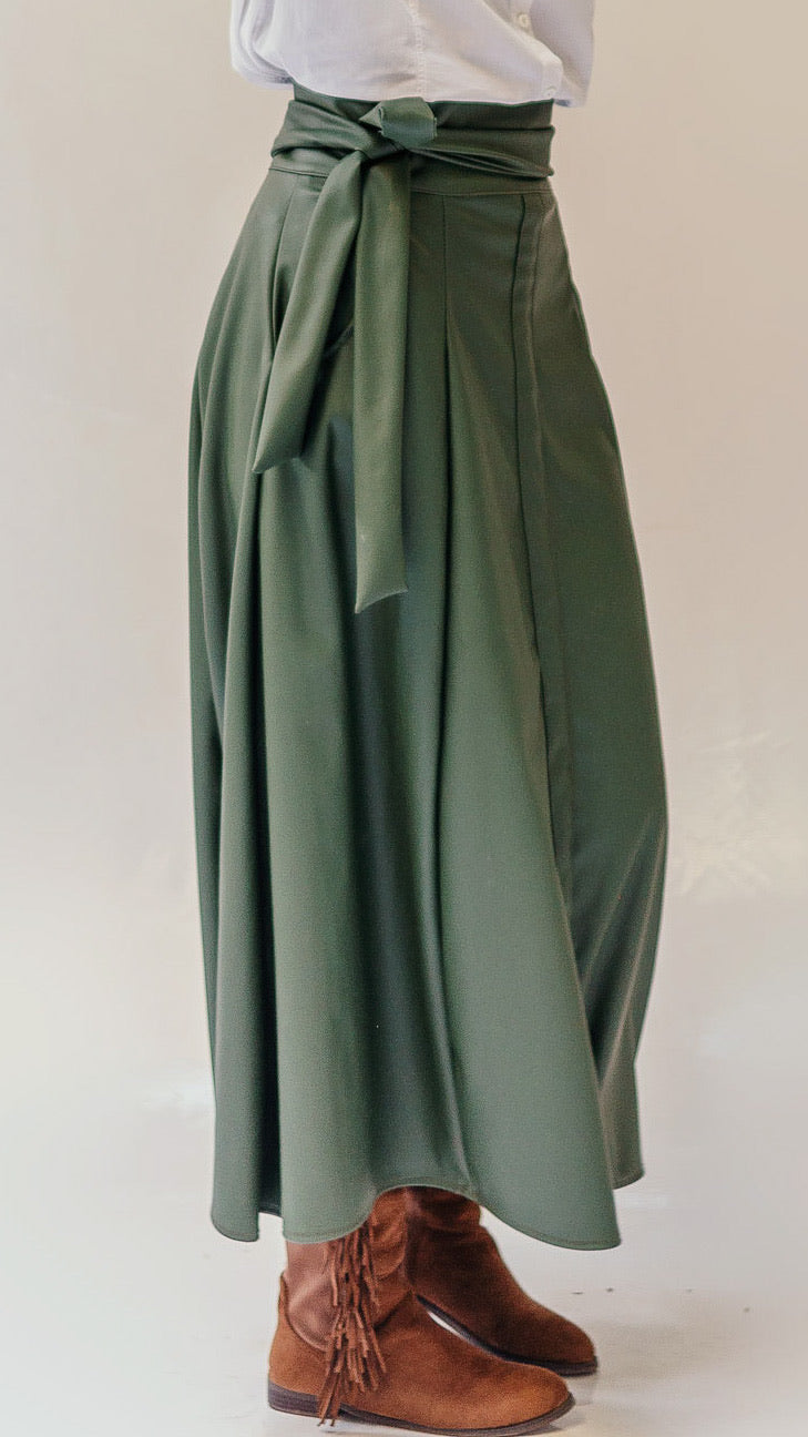 Leather Skirt with Bow -Army Green