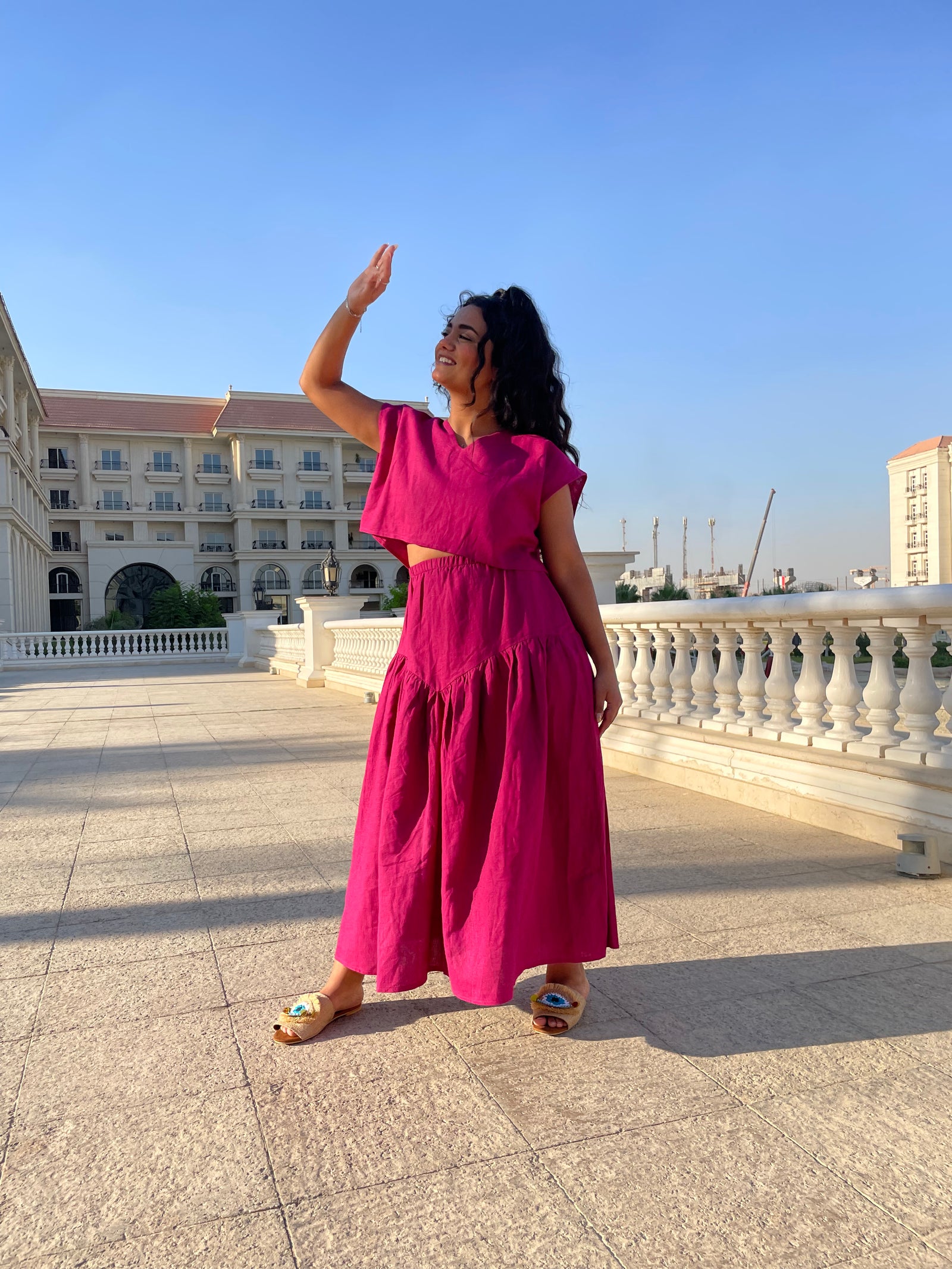 2 piece linen long Dress - Magenta