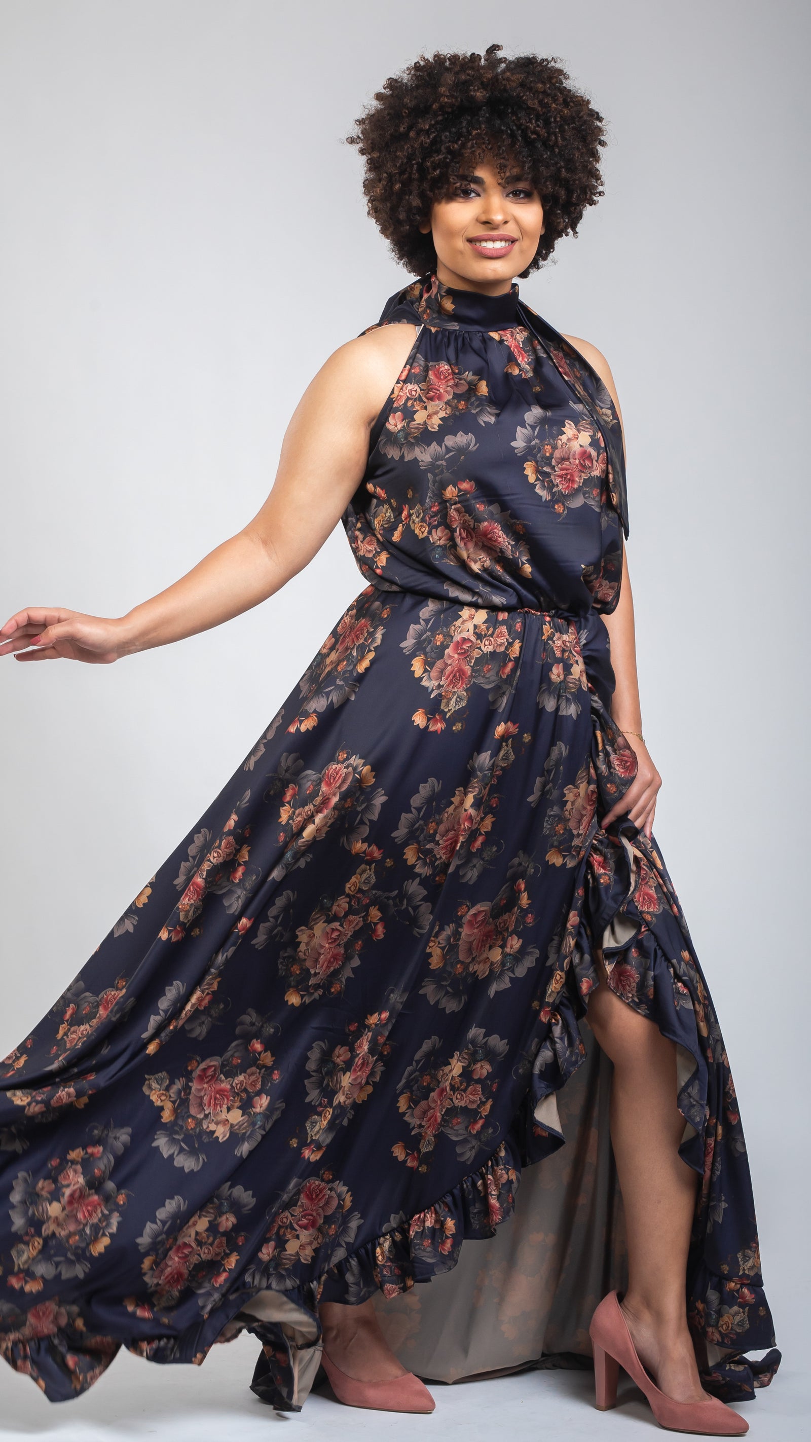 Latina Split Silk Dress - Navy Blue