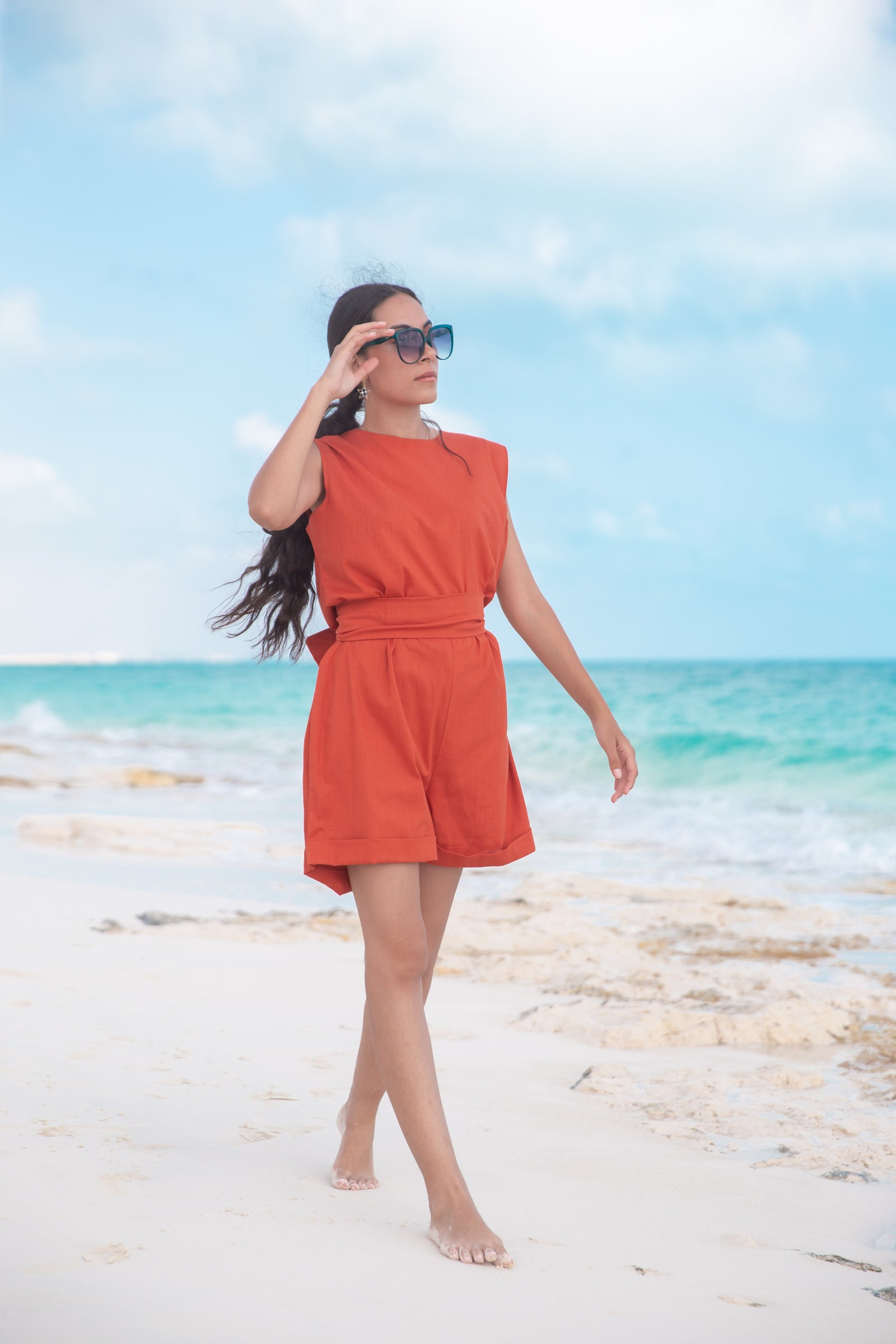 Sleeveless linen Jumpsuit - Orange