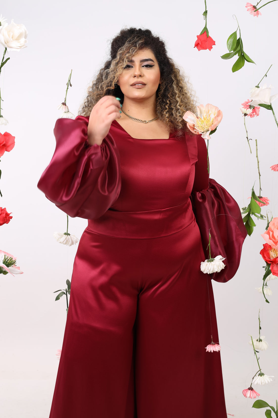 Satin Jumpsuit with puff cuff - Maroon