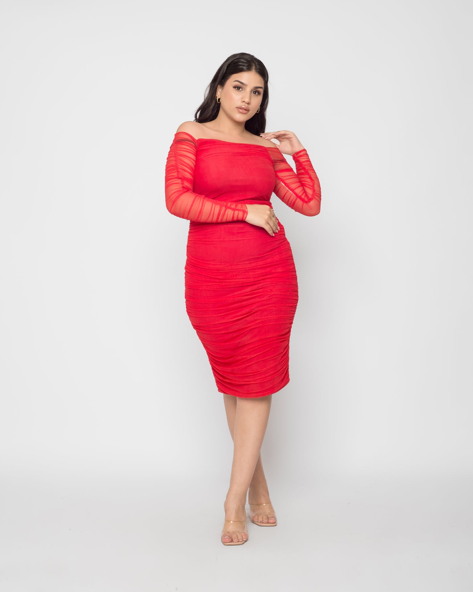 Ruched Tulle Midi Dress - Red