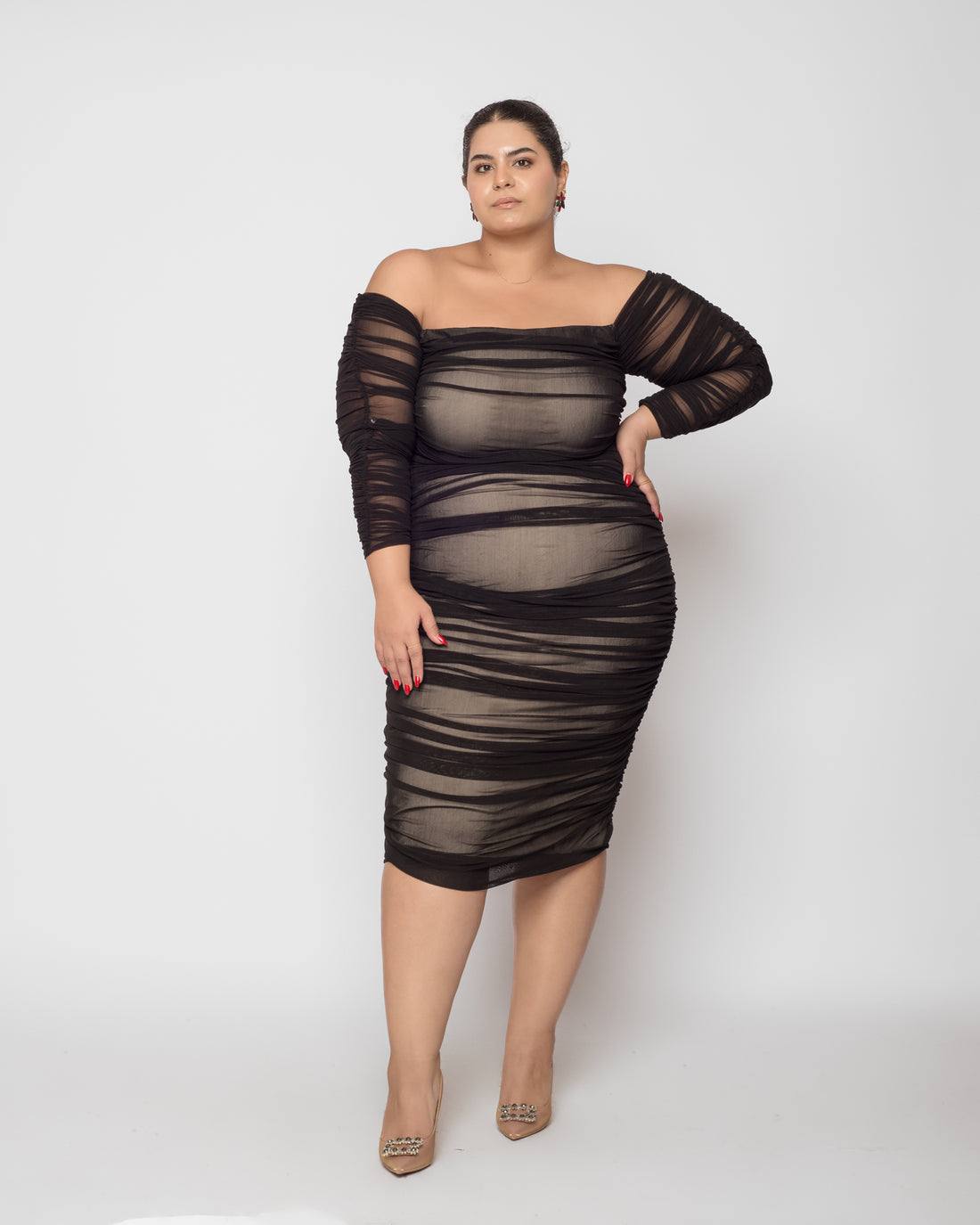 Ruched Tulle Midi Dress - Black