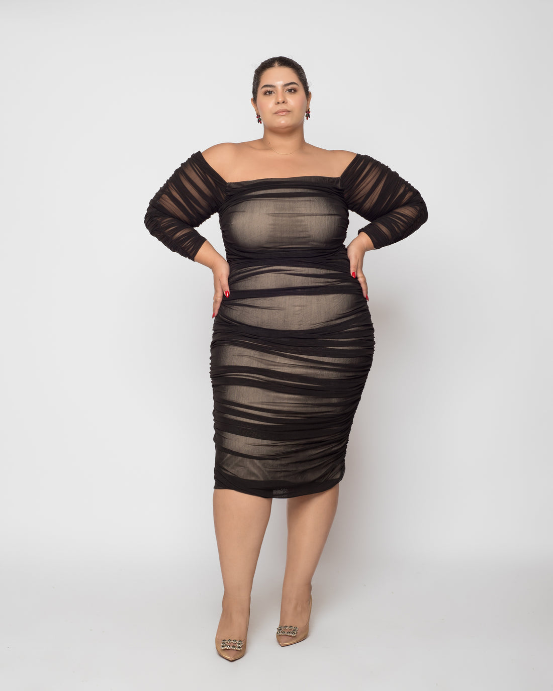 Ruched Tulle Midi Dress - Black