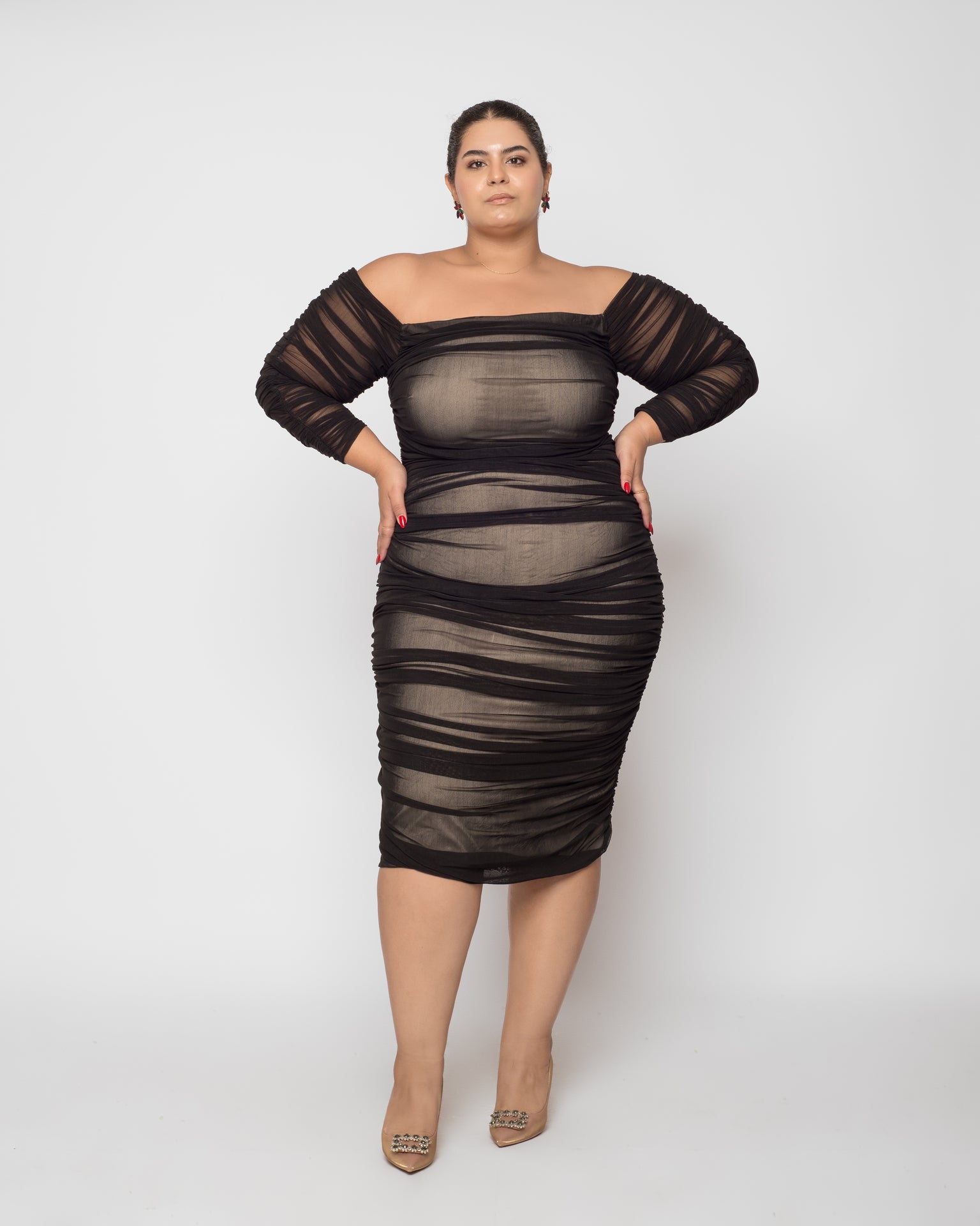 Ruched Tulle Midi Dress - Black