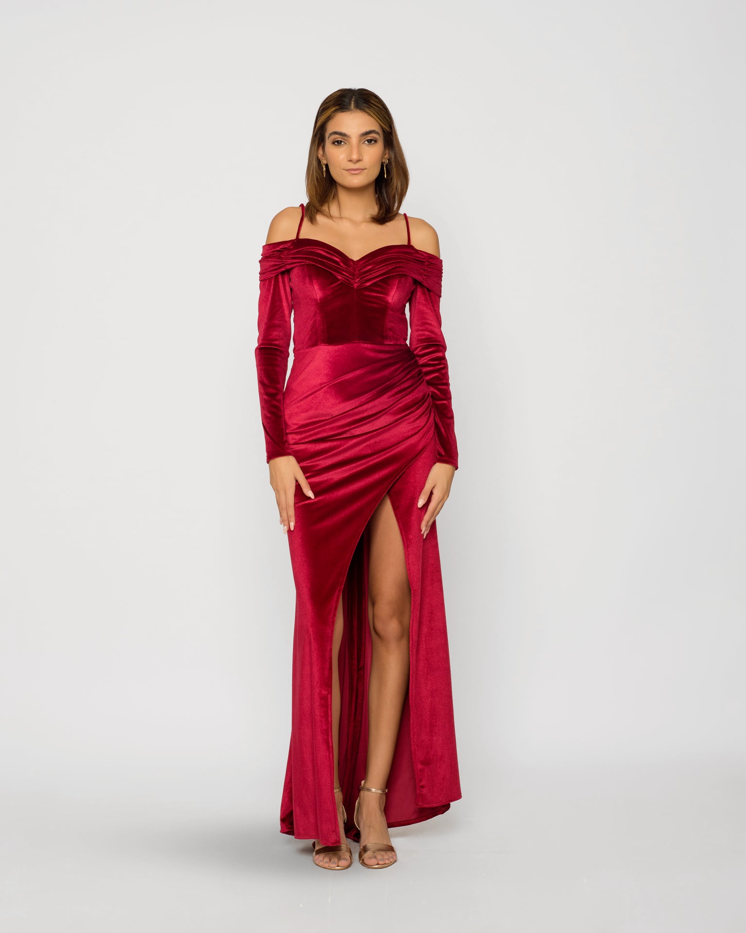 Off Shoulder Velvet Maxi Dress - Maroon
