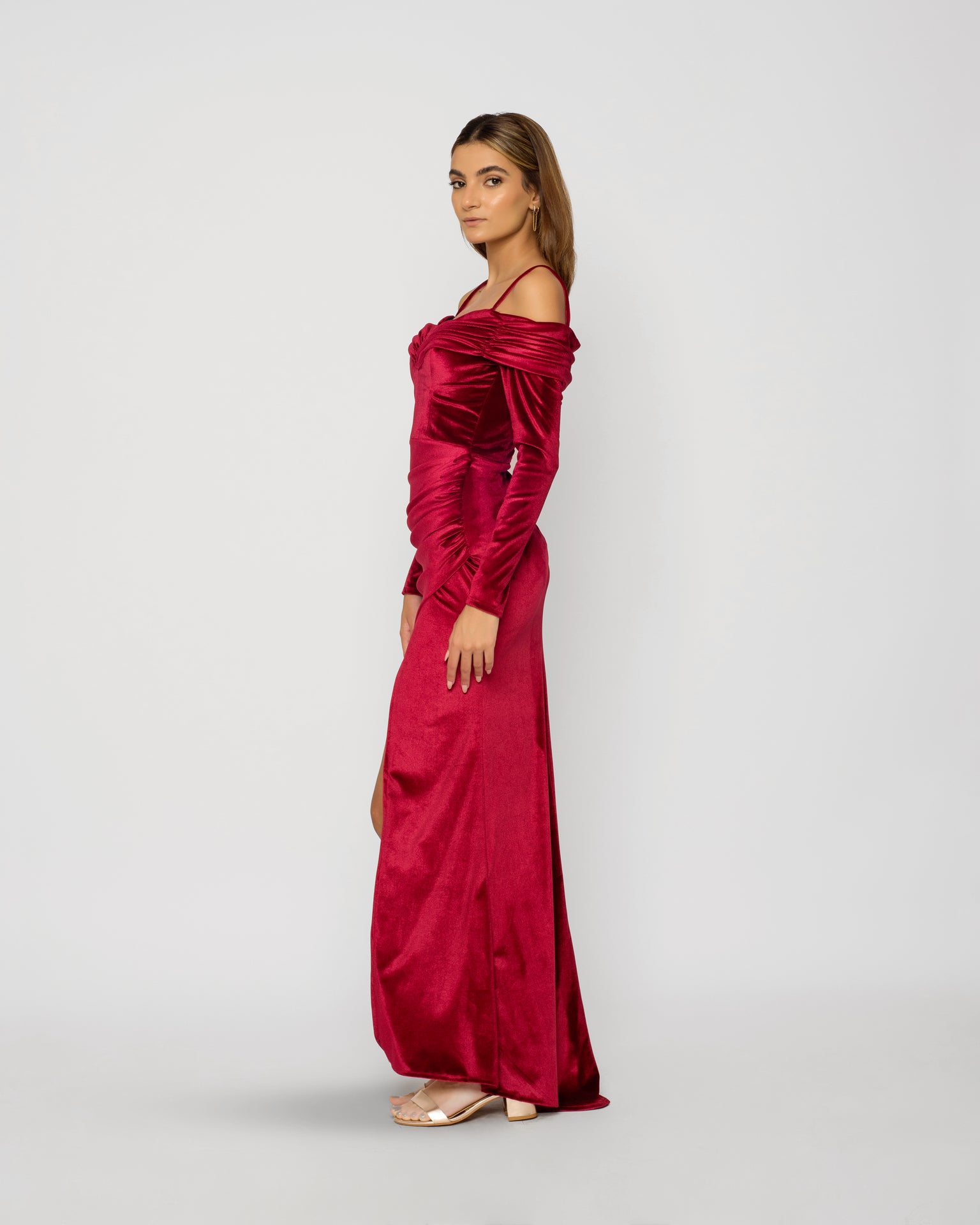Off Shoulder Velvet Maxi Dress - Maroon