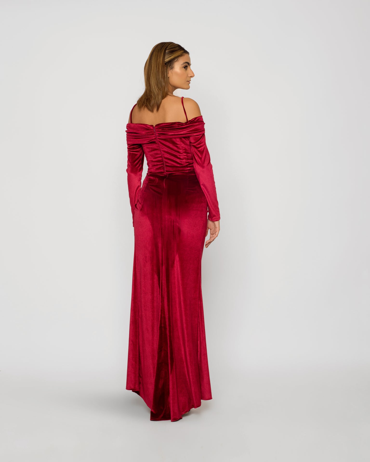 Off Shoulder Velvet Maxi Dress - Maroon