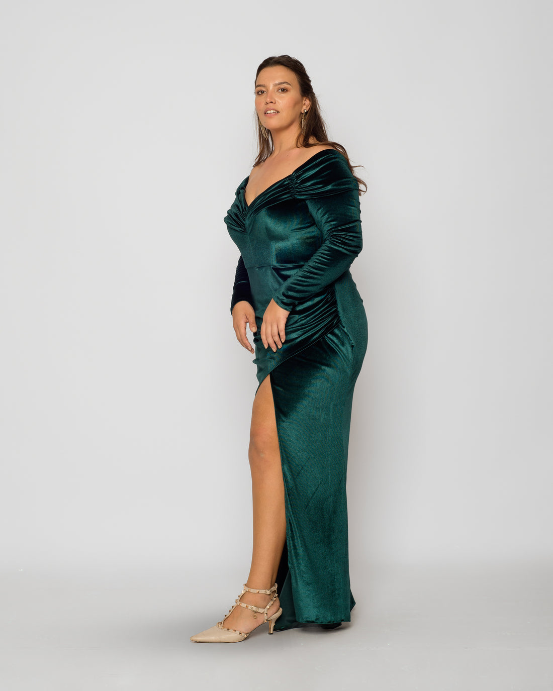 Off Shoulder Velvet Maxi Dress - Emerald Green