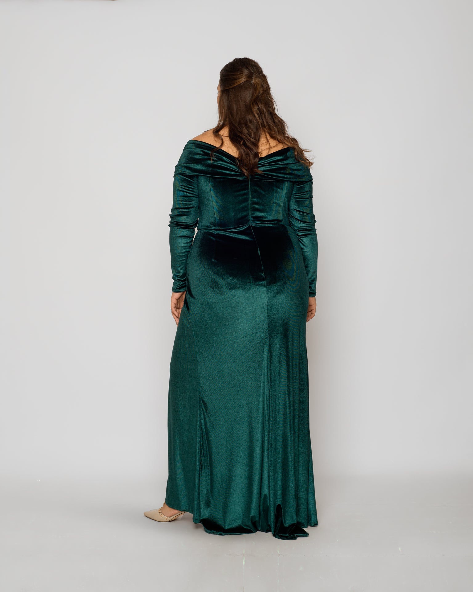 Off Shoulder Velvet Maxi Dress - Emerald Green