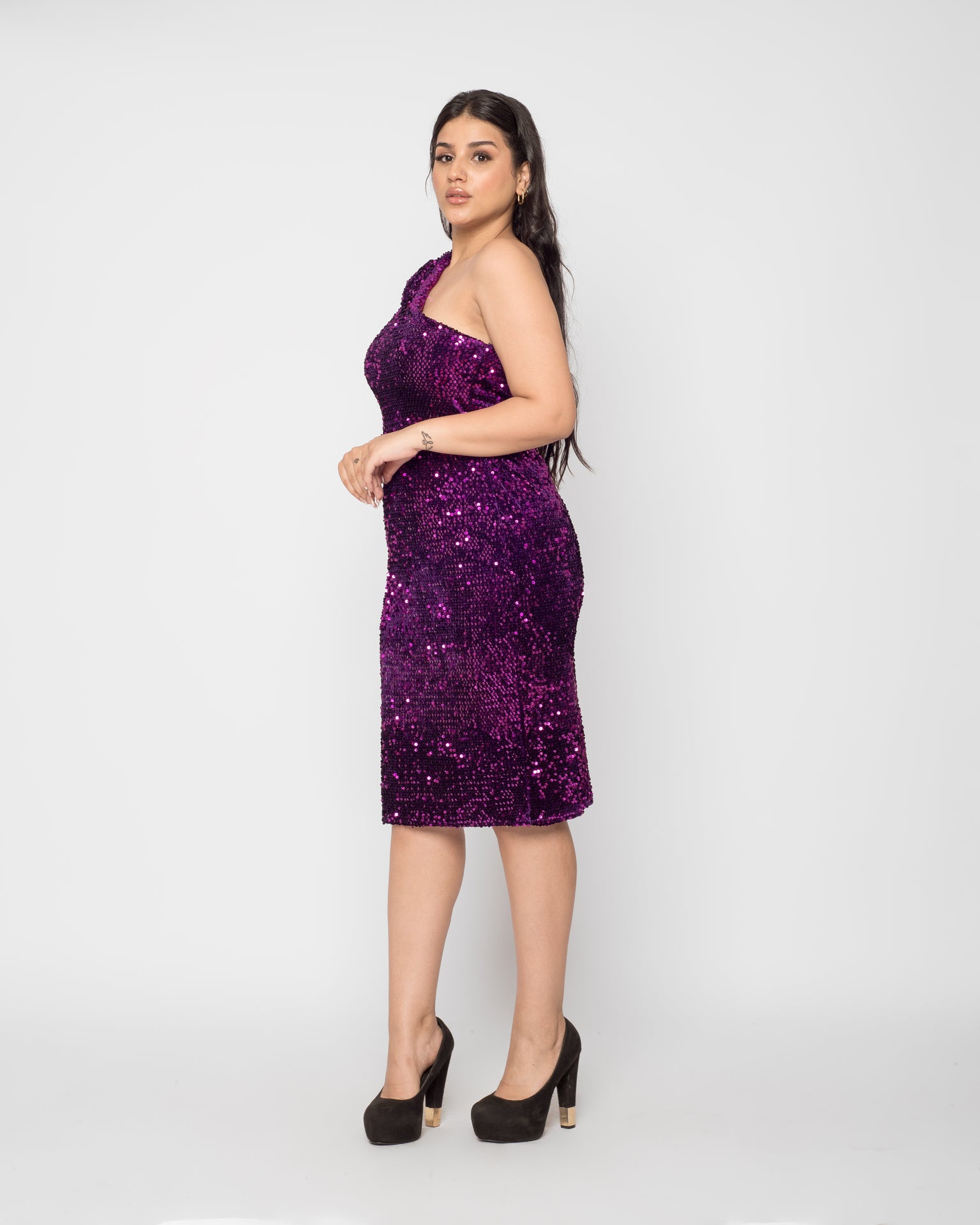 Velvet sequin puff sleeve dress - purple