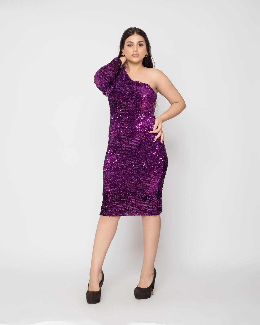 Velvet sequin puff sleeve dress - purple