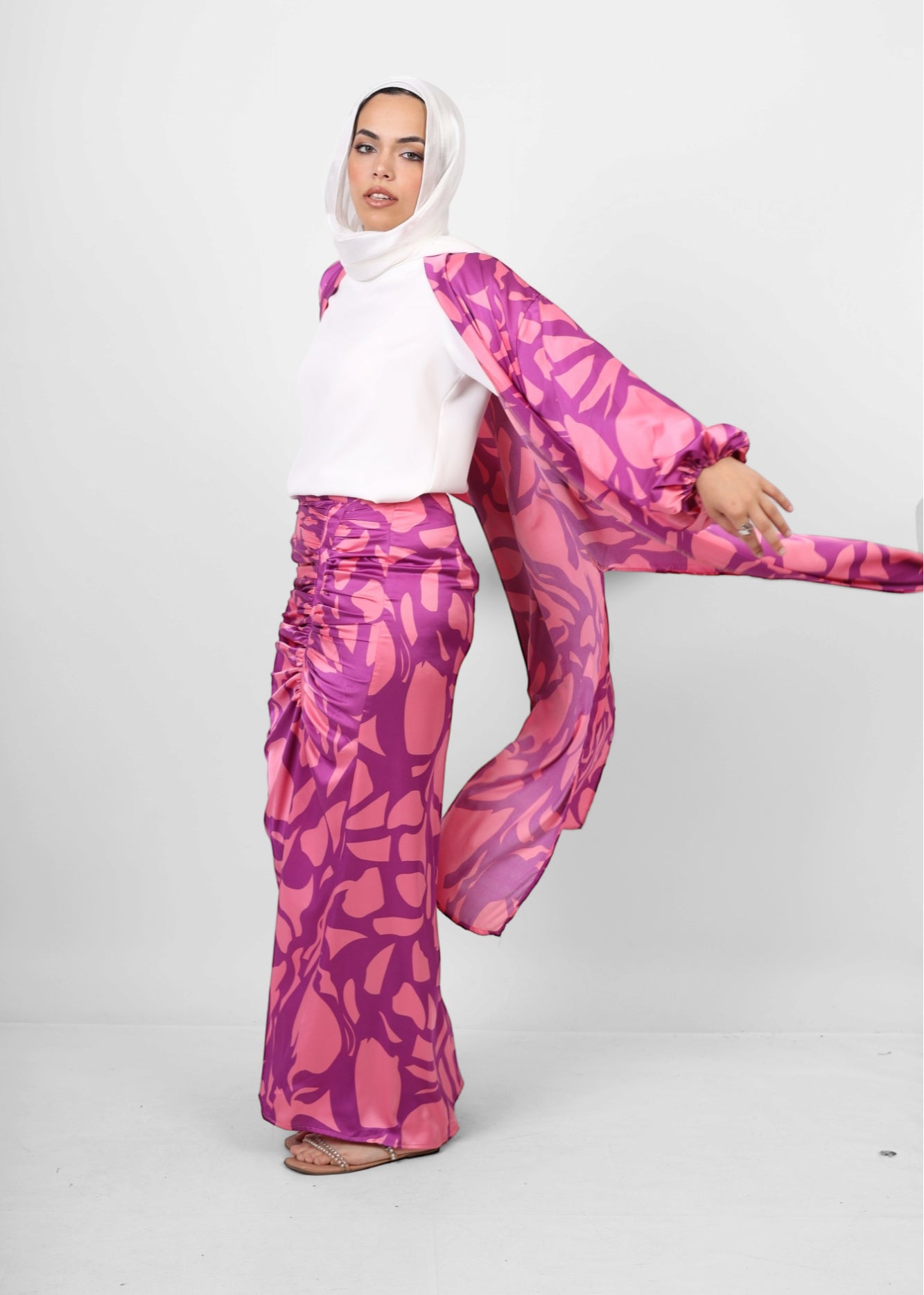 Silk ruched floral Skirt - Pink