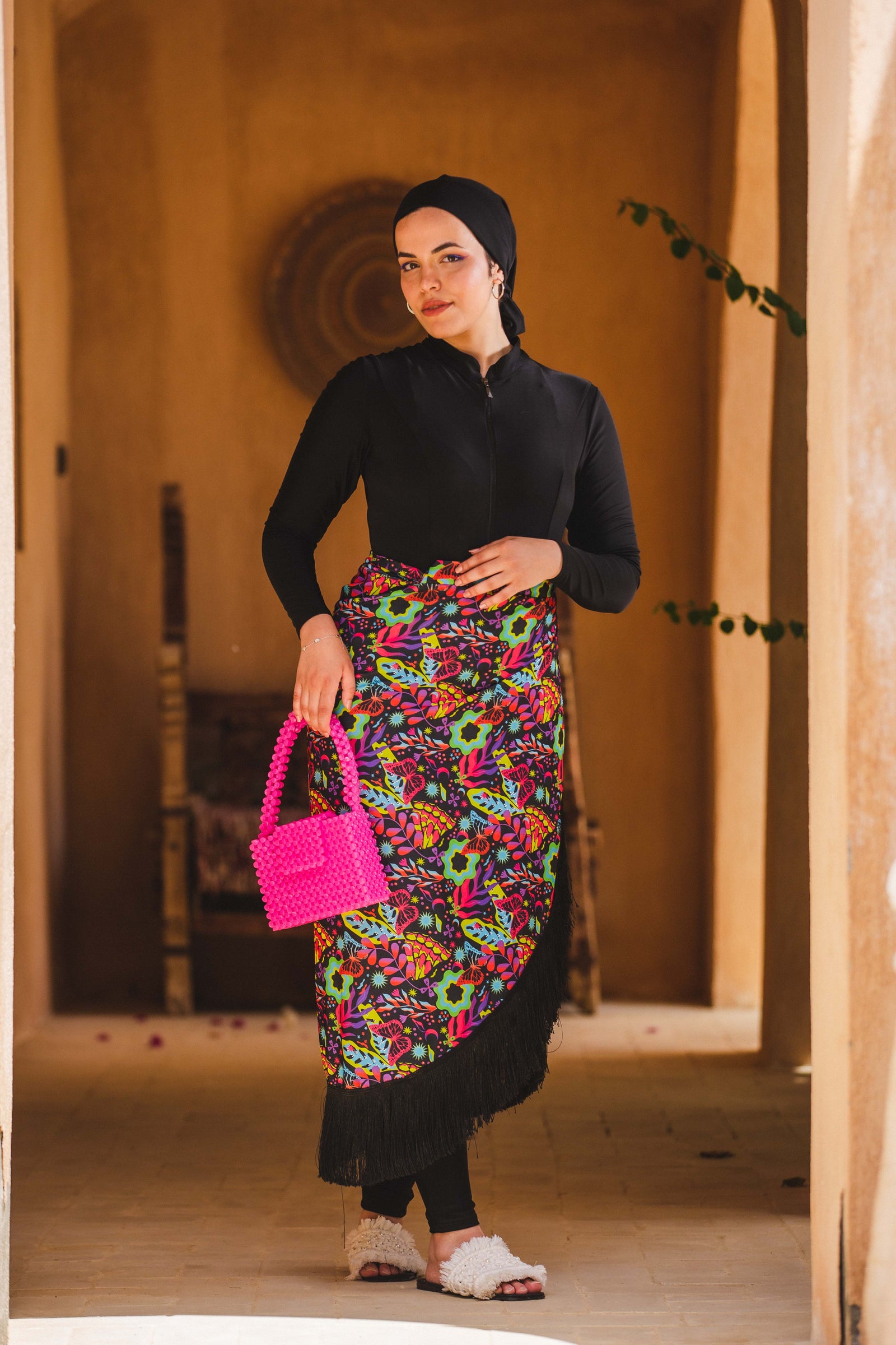 Butterfly Wrap Skirt with Fringes - Black