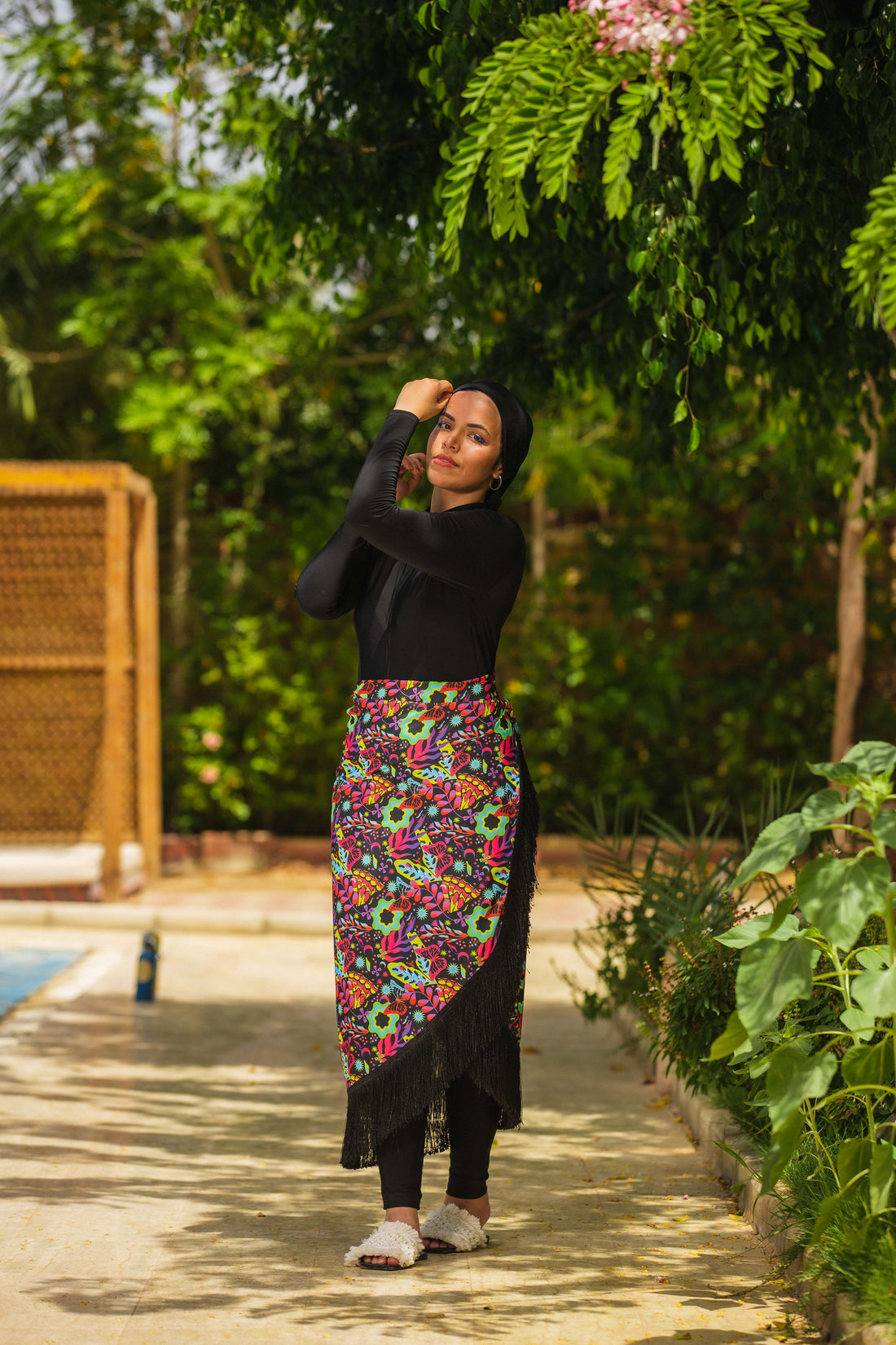 Butterfly Wrap Skirt with Fringes - Black