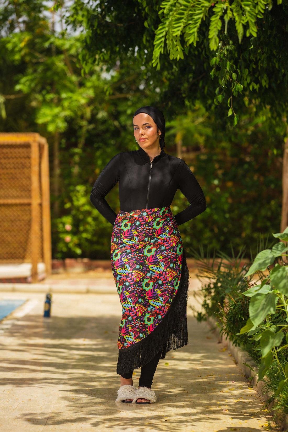 Butterfly Wrap Skirt with Fringes - Black