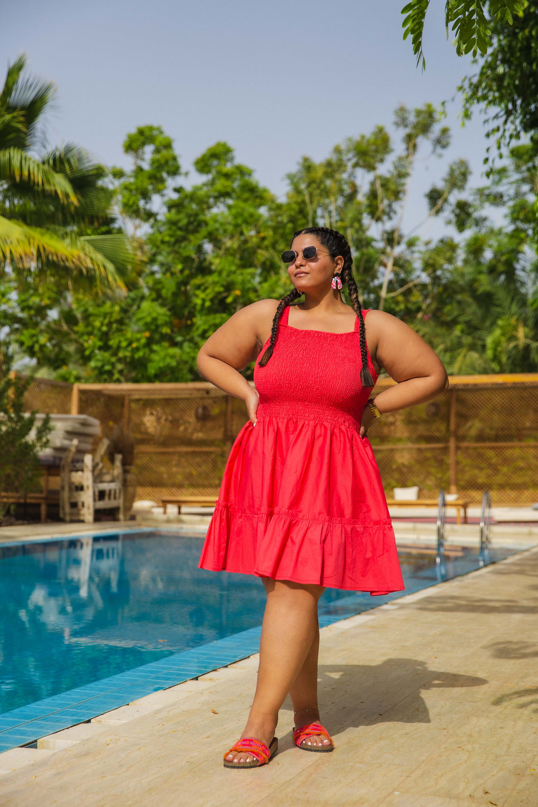 Smocked Poplin  Dress - Red
